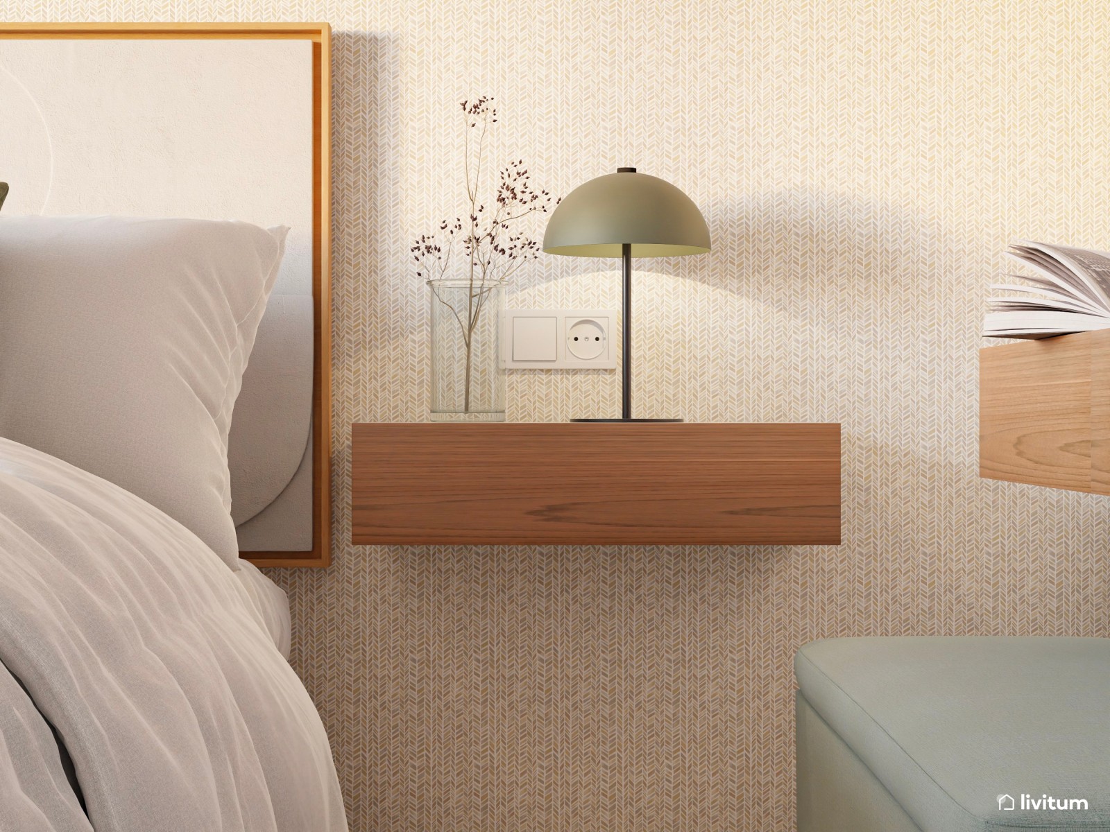 Elegante dormitorio con mesitas flotantes y detalles en verde
