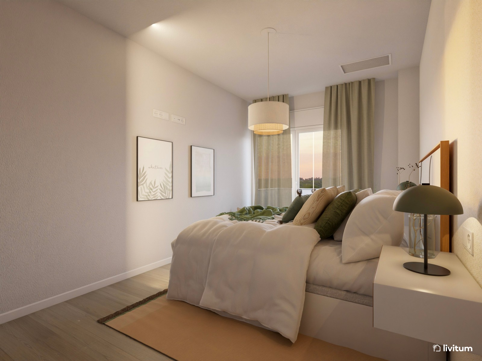 Elegante dormitorio con mesitas flotantes y detalles en verde