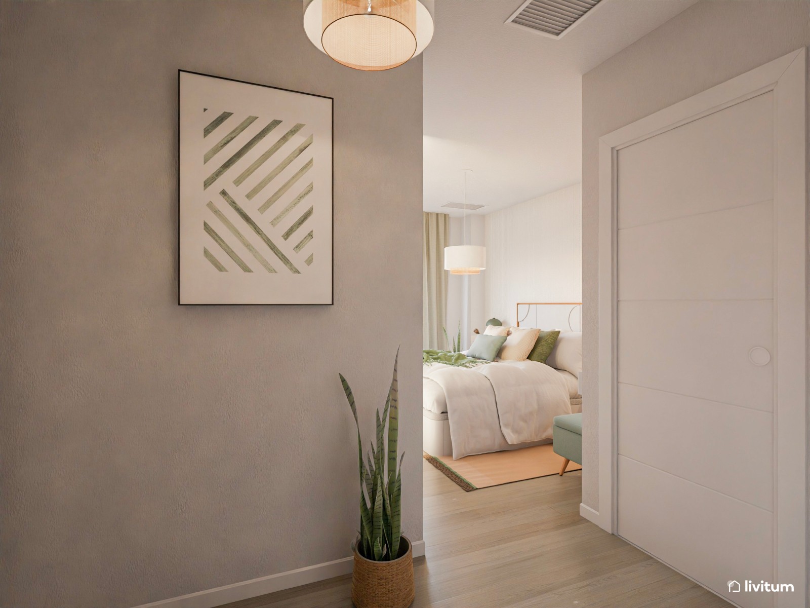 Elegante dormitorio con mesitas flotantes y detalles en verde