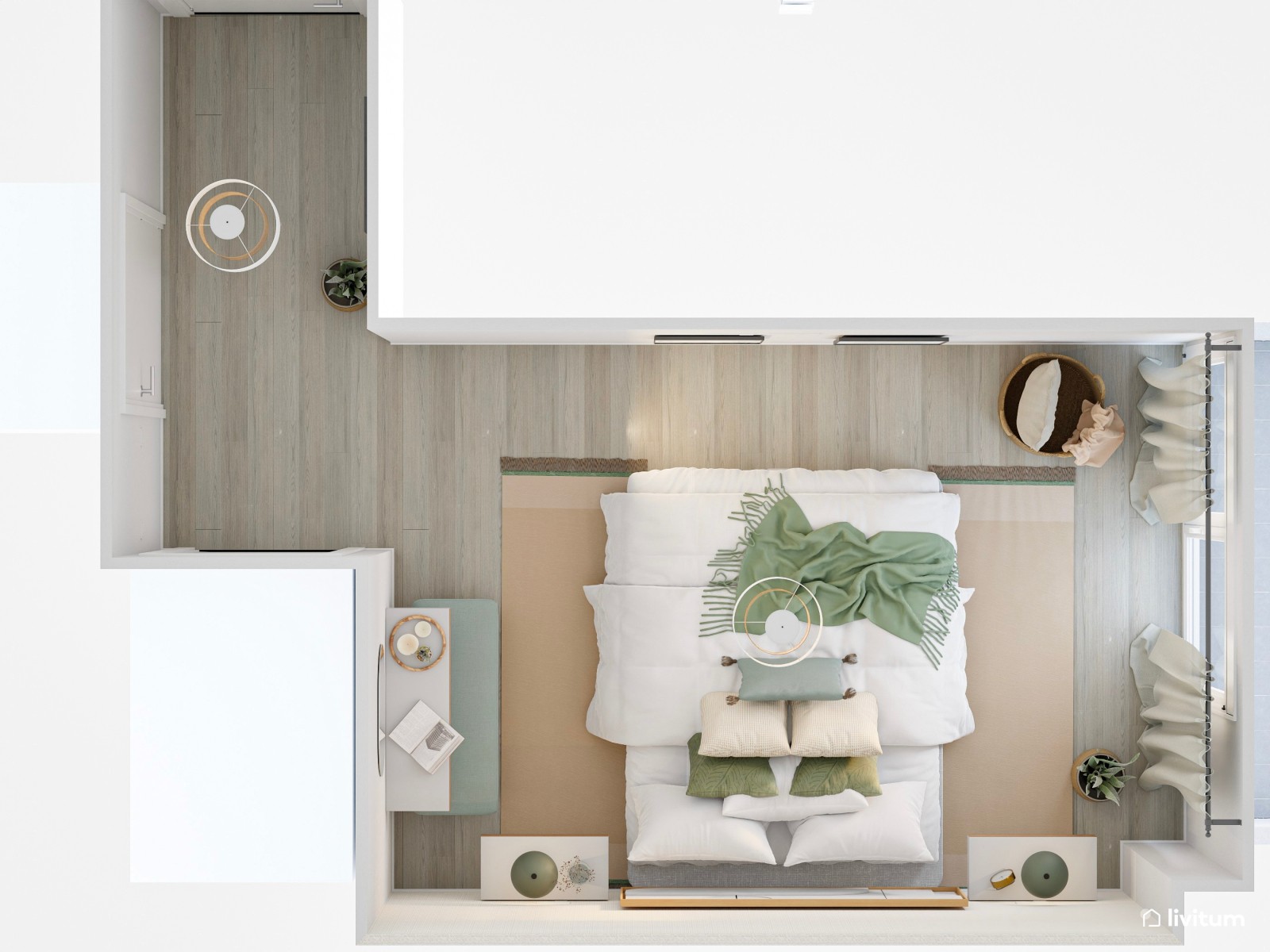 Elegante dormitorio con mesitas flotantes y detalles en verde
