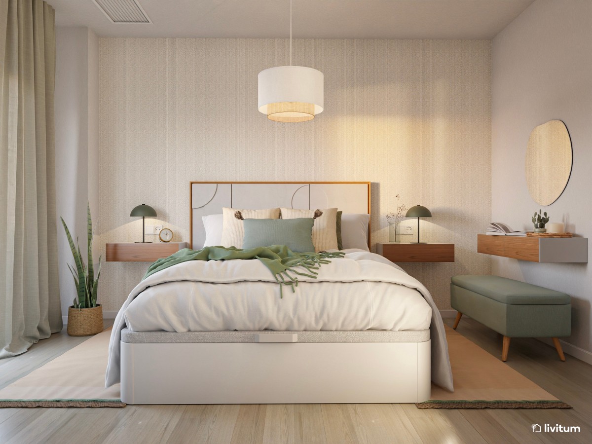 Elegante dormitorio con mesitas flotantes y detalles en verde
