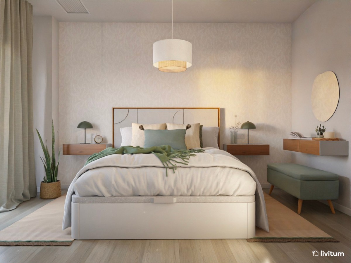 Elegante dormitorio con mesitas flotantes y detalles en verde