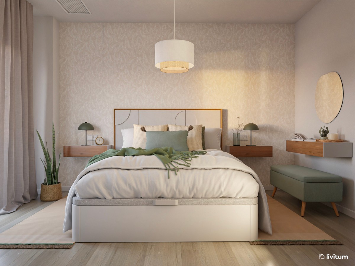 Elegante dormitorio con mesitas flotantes y detalles en verde