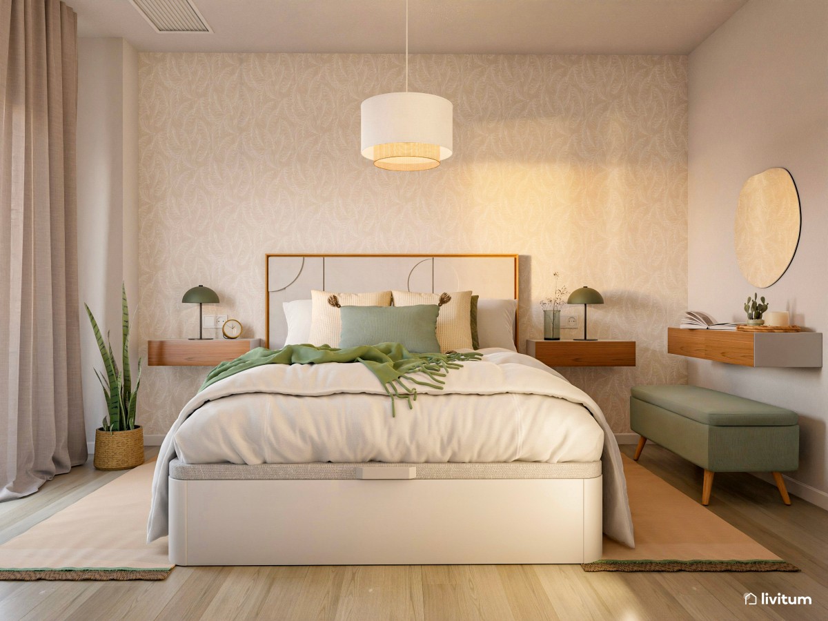 Elegante dormitorio con mesitas flotantes y detalles en verde