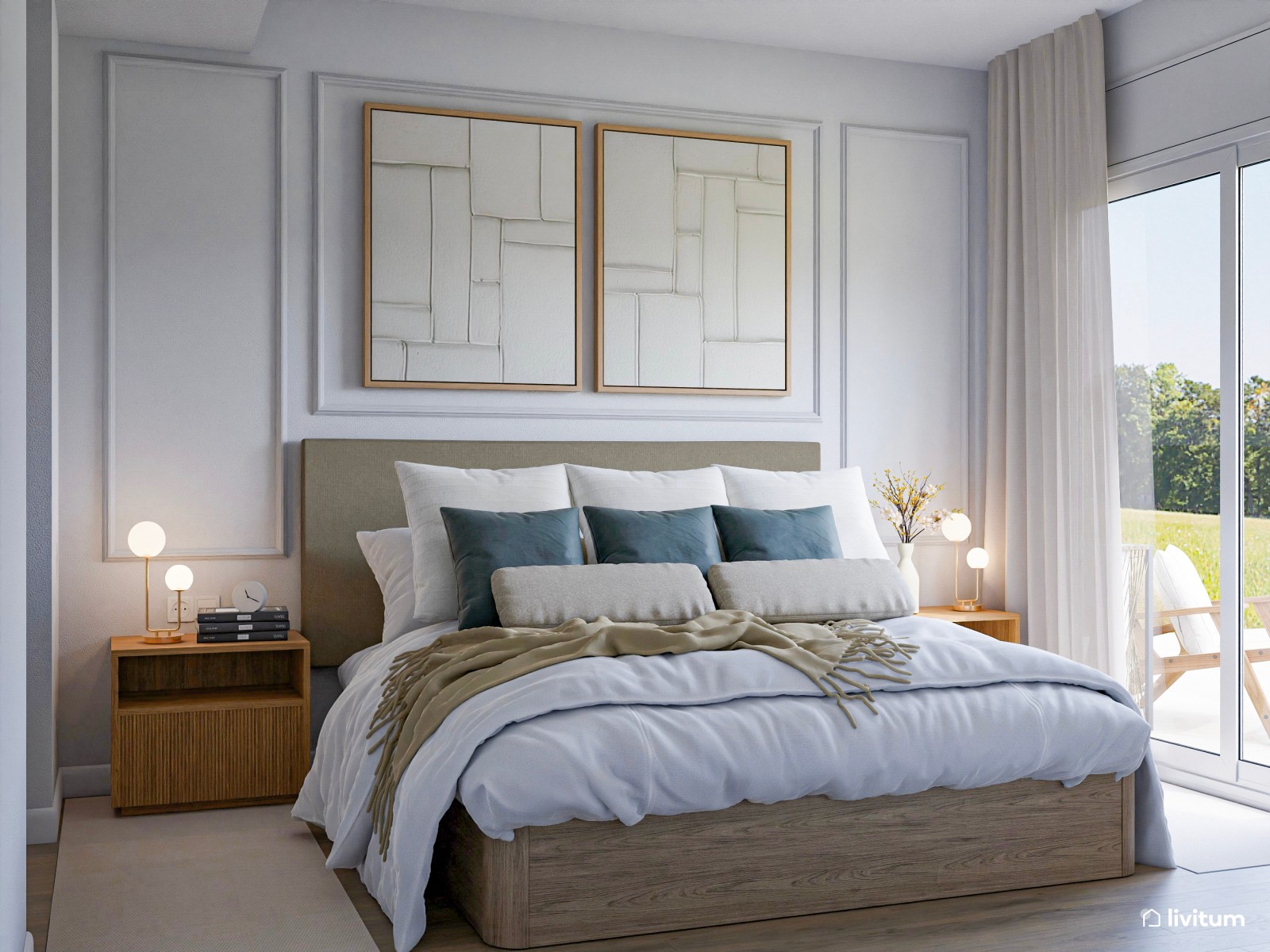 Elegante dormitorio con molduras y amplia terraza