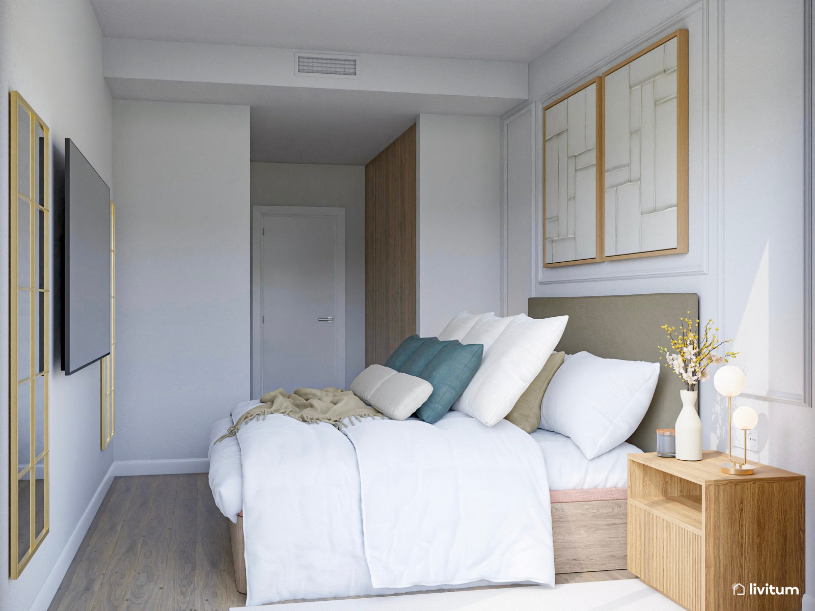 Elegante dormitorio con molduras y amplia terraza