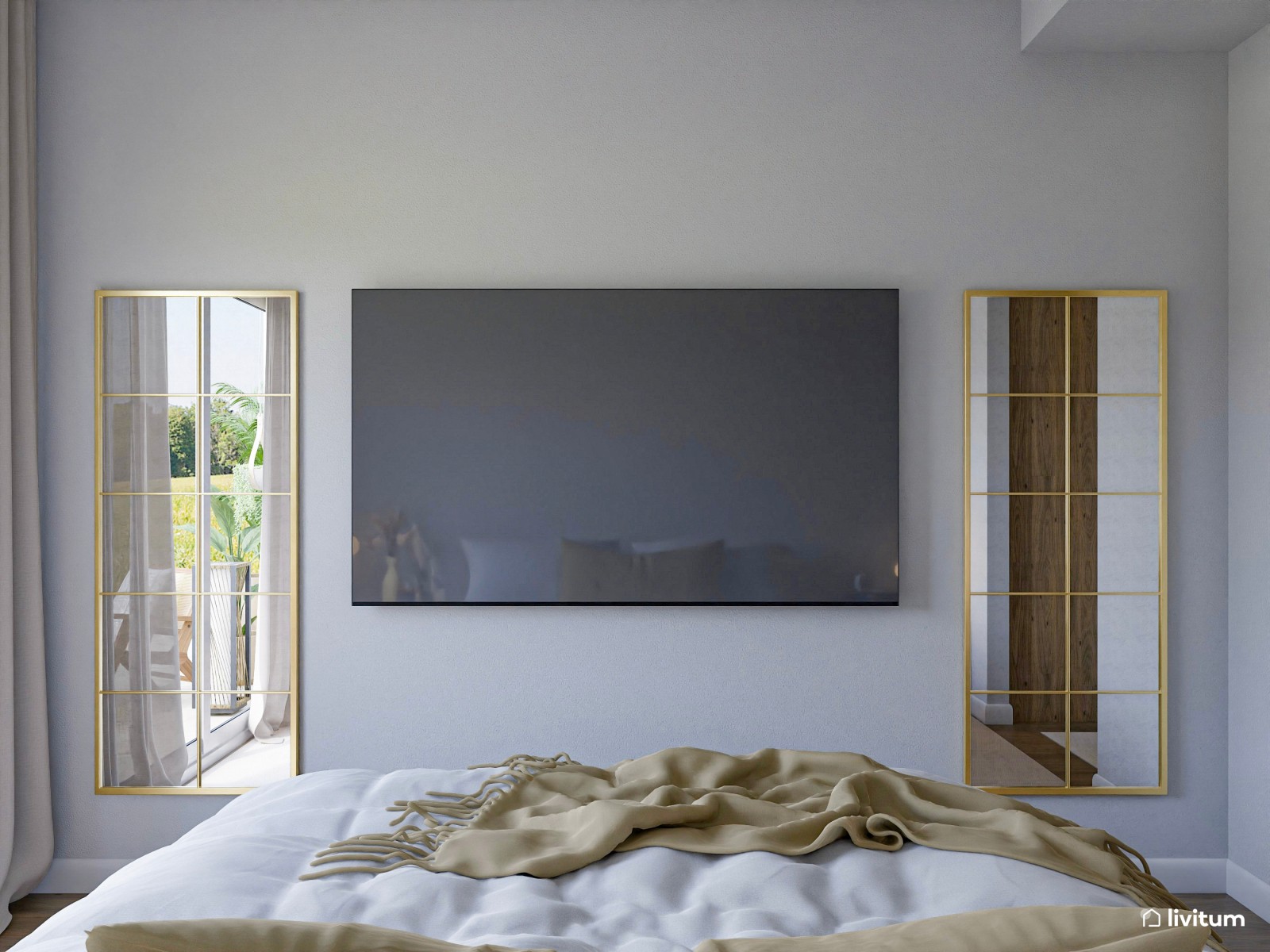 Elegante dormitorio con molduras y amplia terraza