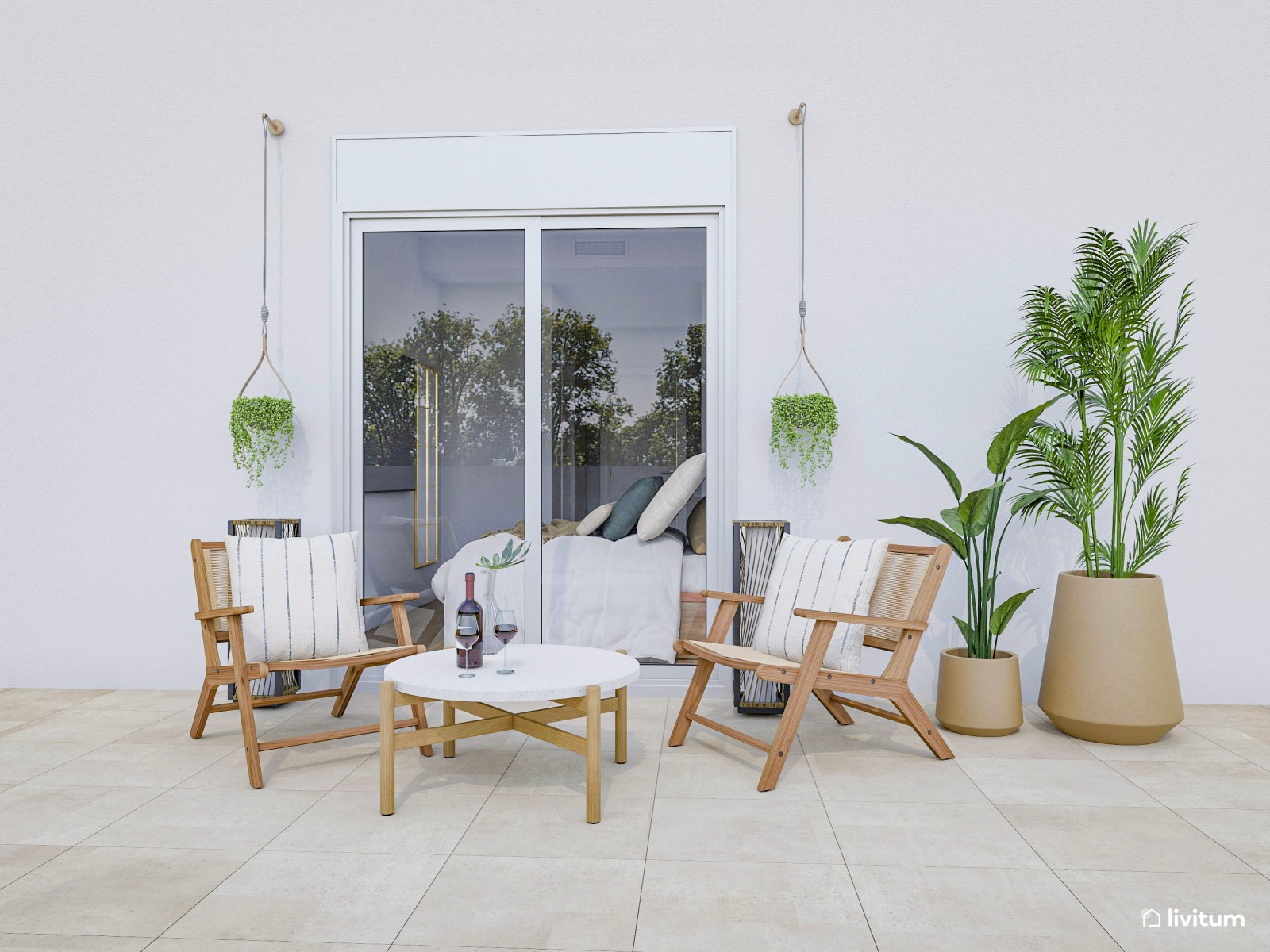 Elegante dormitorio con molduras y amplia terraza