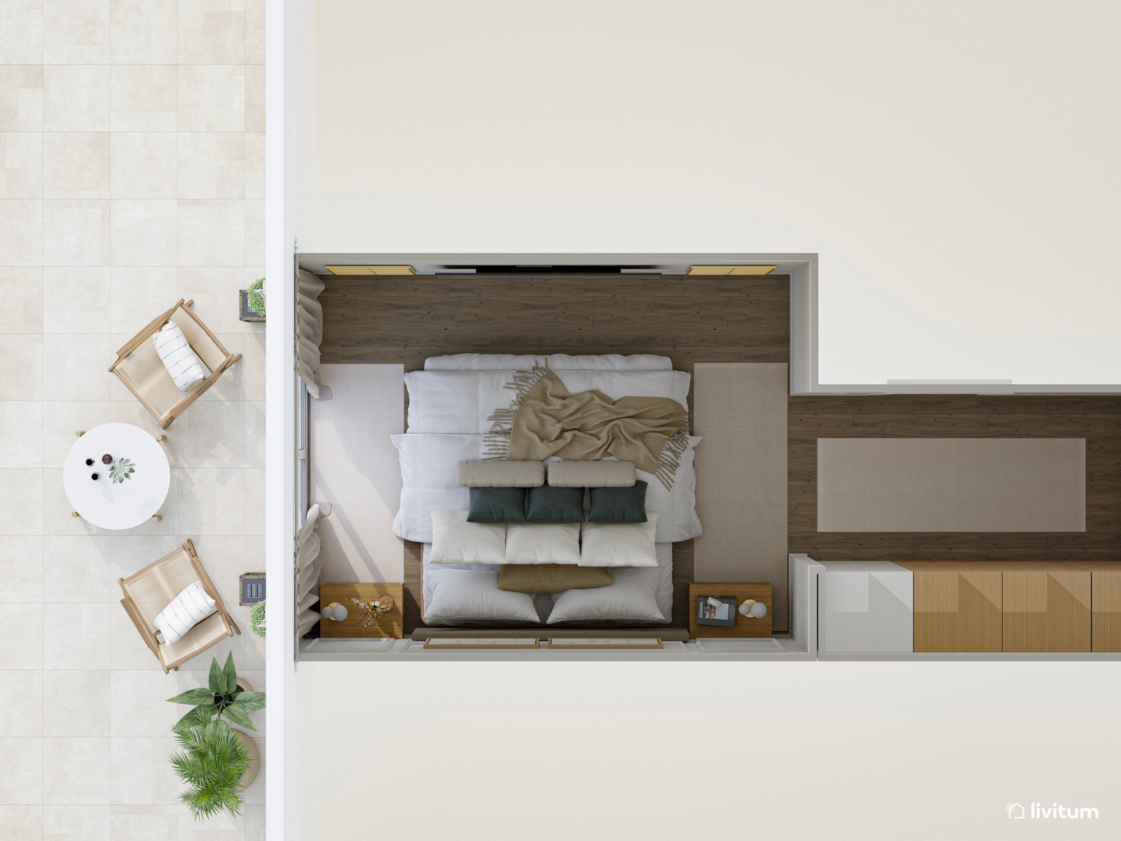 Elegante dormitorio con molduras y amplia terraza