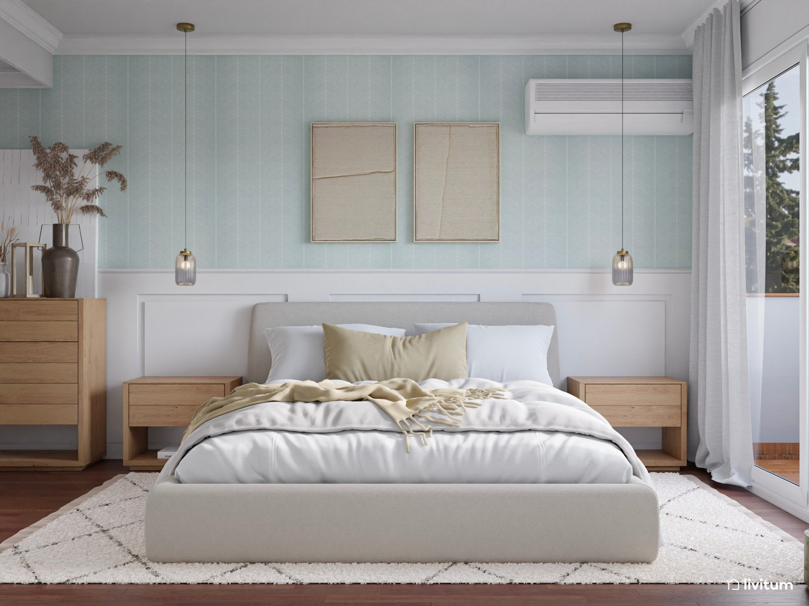 Elegante dormitorio con molduras y papel pintado