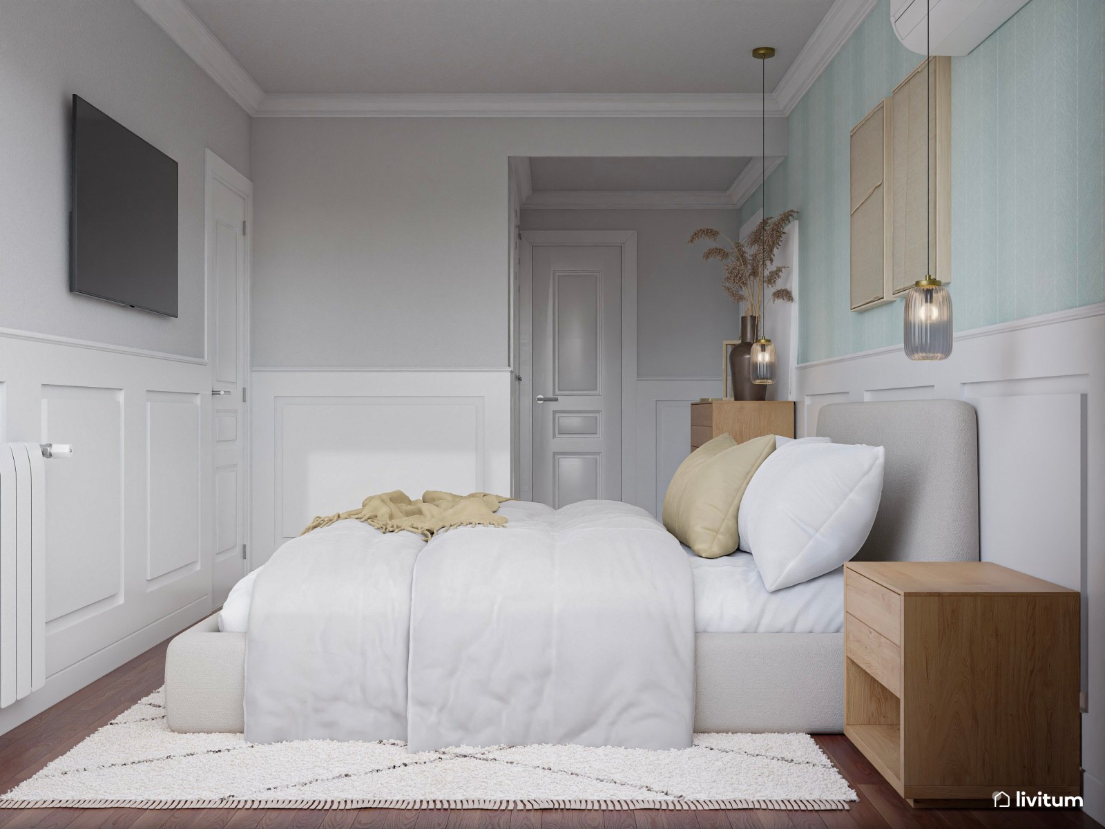 Elegante dormitorio con molduras y papel pintado