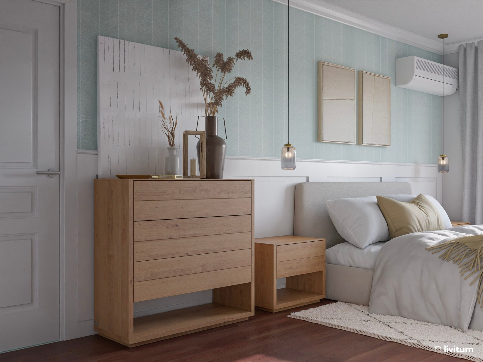 Elegante dormitorio con molduras y papel pintado