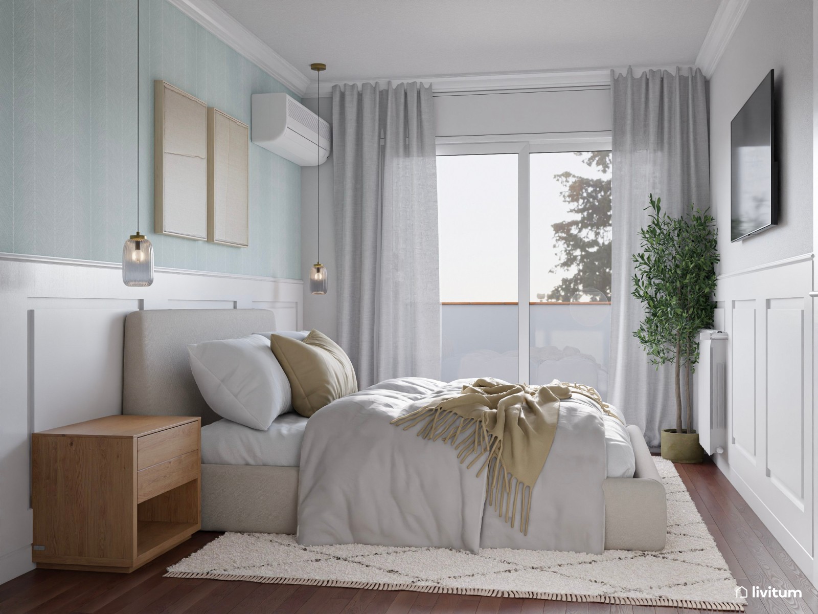 Elegante dormitorio con molduras y papel pintado