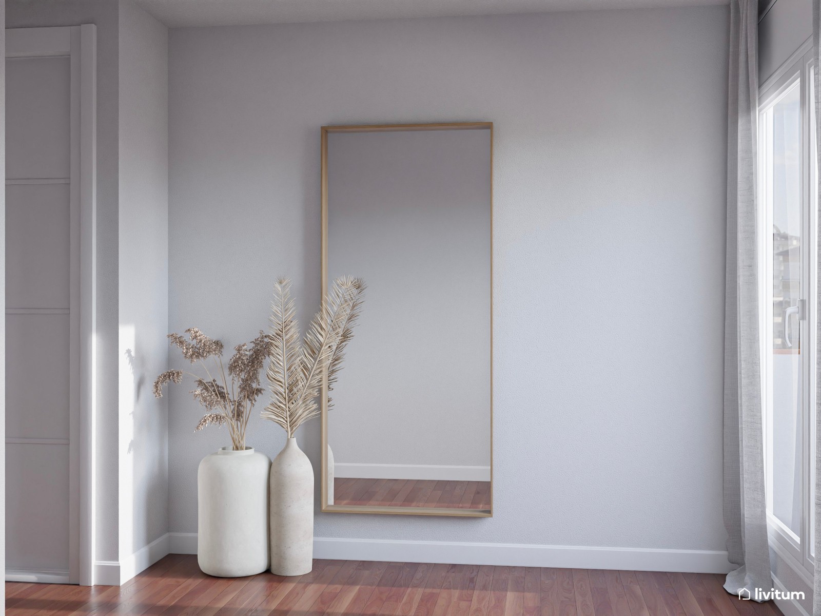 Elegante dormitorio con molduras y papel pintado