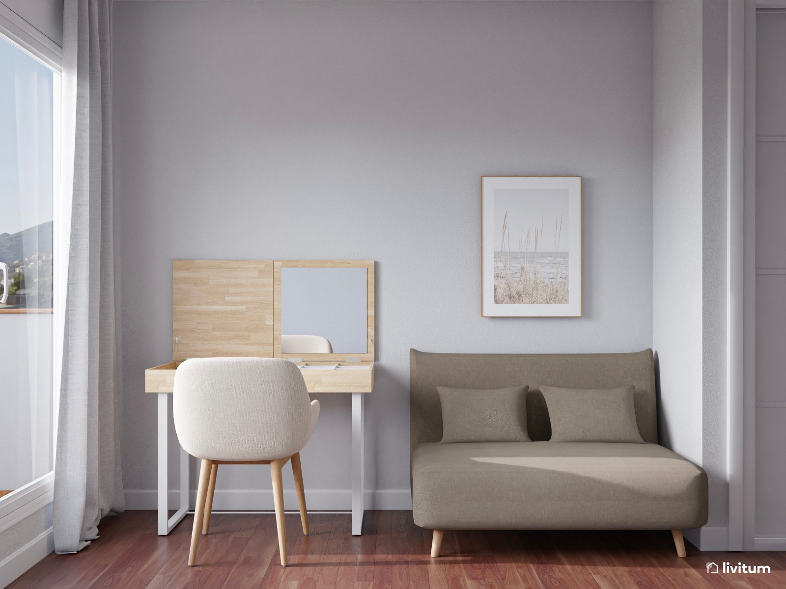 Elegante dormitorio con molduras y papel pintado