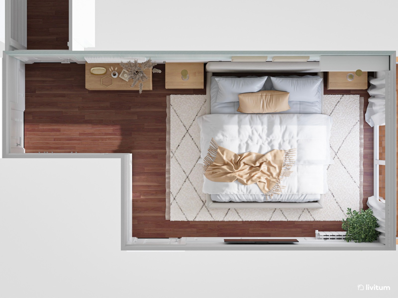 Elegante dormitorio con molduras y papel pintado