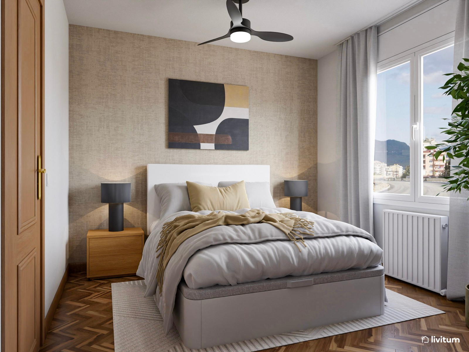 Elegante dormitorio con papel pintado en tonos tierra y negro