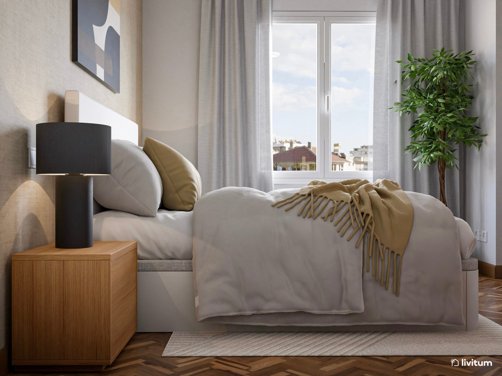 Elegante dormitorio con papel pintado en tonos tierra y negro