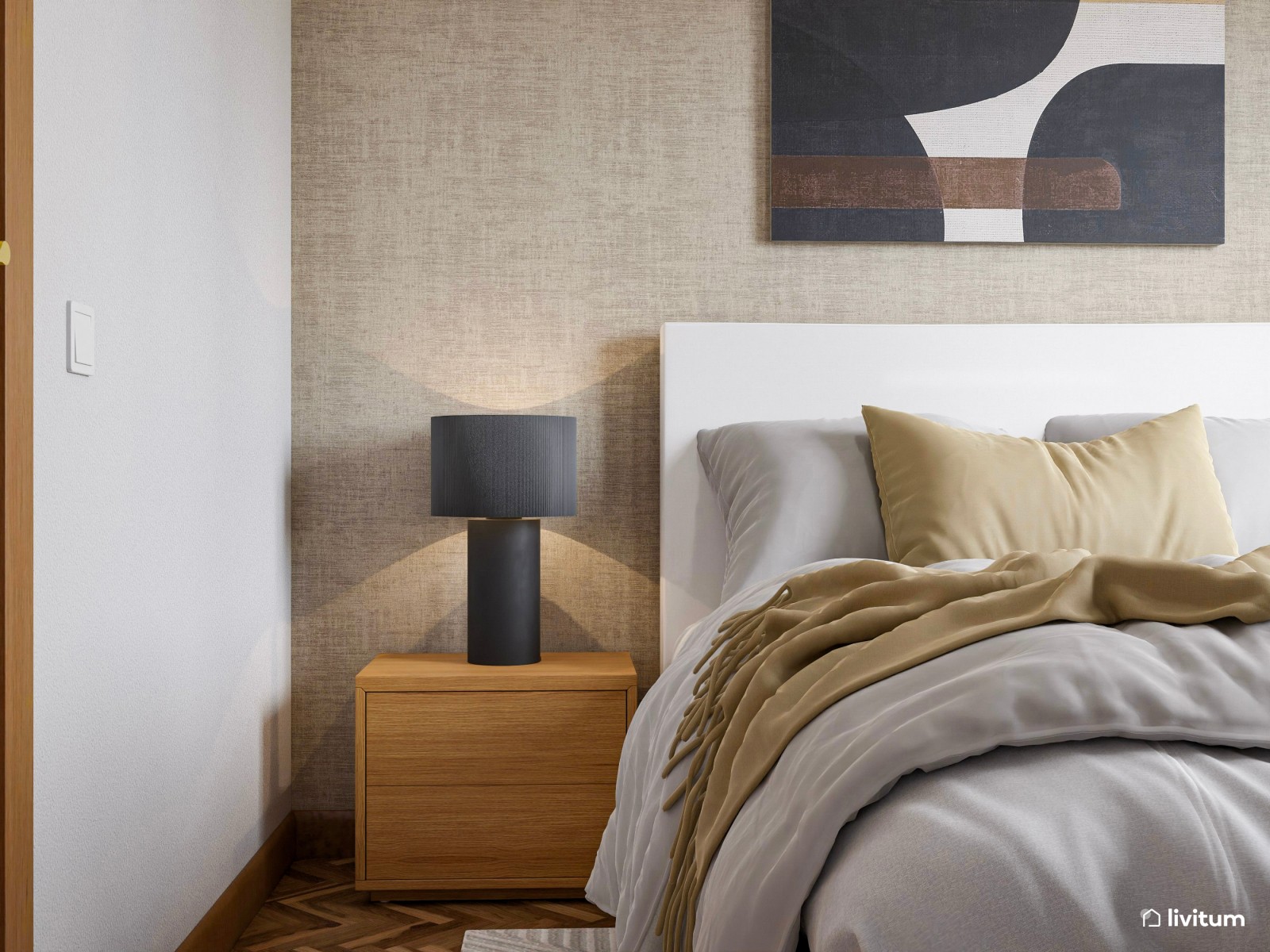 Elegante dormitorio con papel pintado en tonos tierra y negro