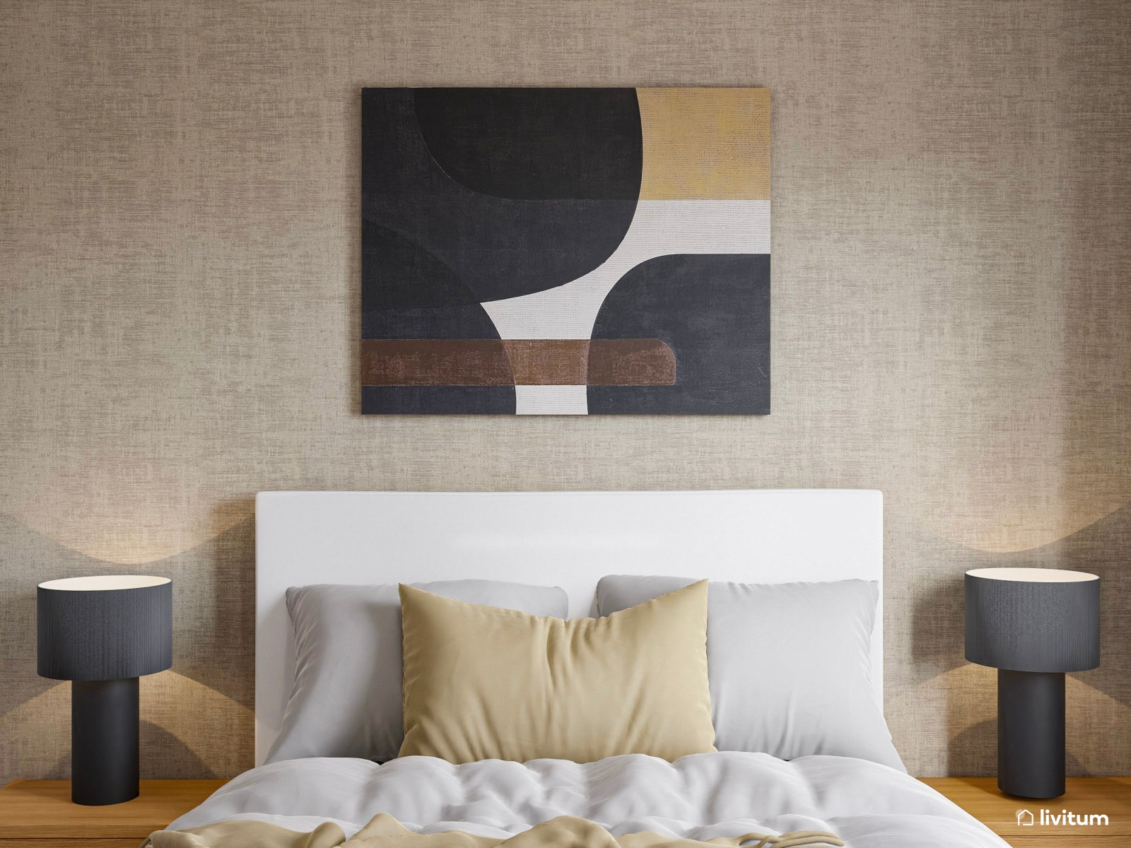 Elegante dormitorio con papel pintado en tonos tierra y negro