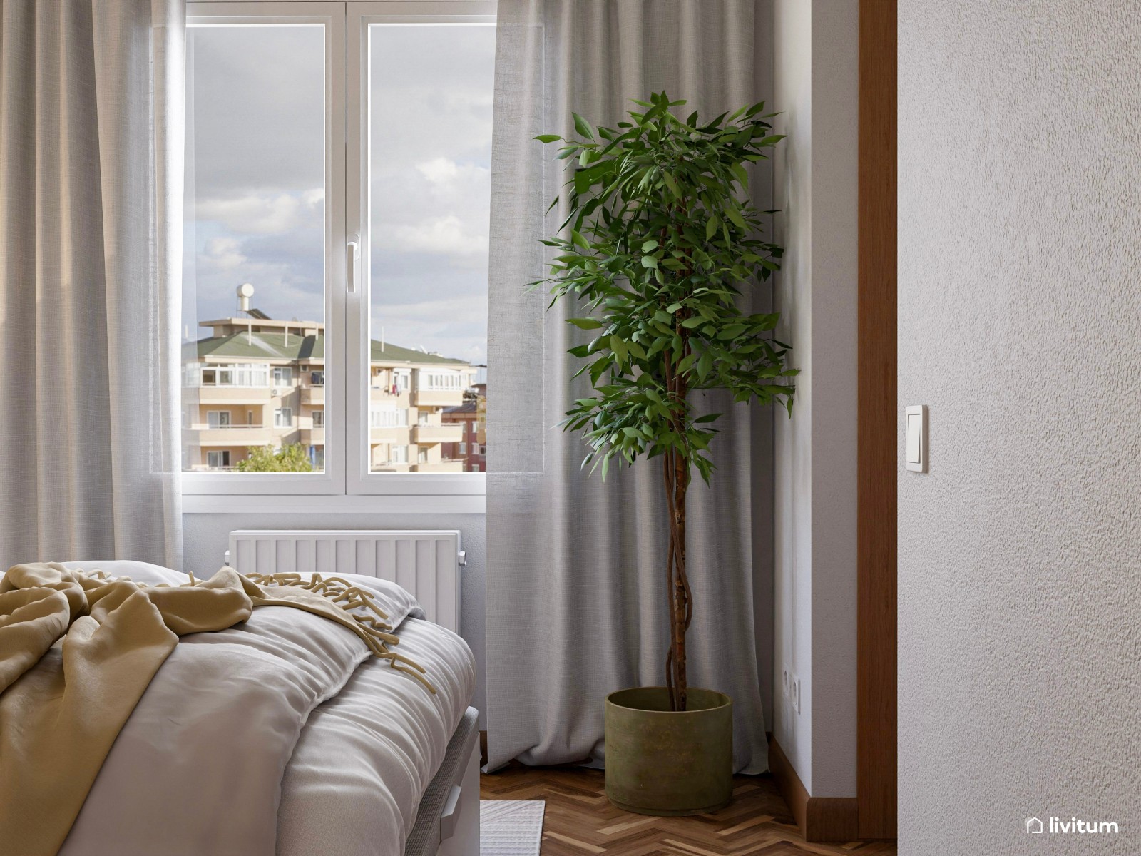 Elegante dormitorio con papel pintado en tonos tierra y negro