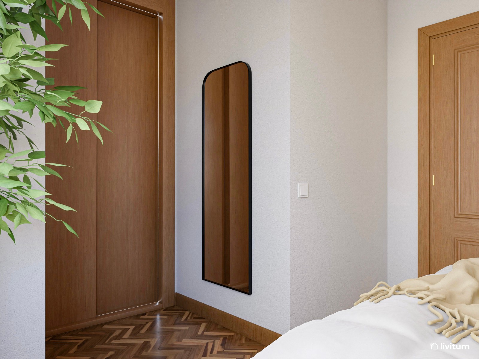 Elegante dormitorio con papel pintado en tonos tierra y negro