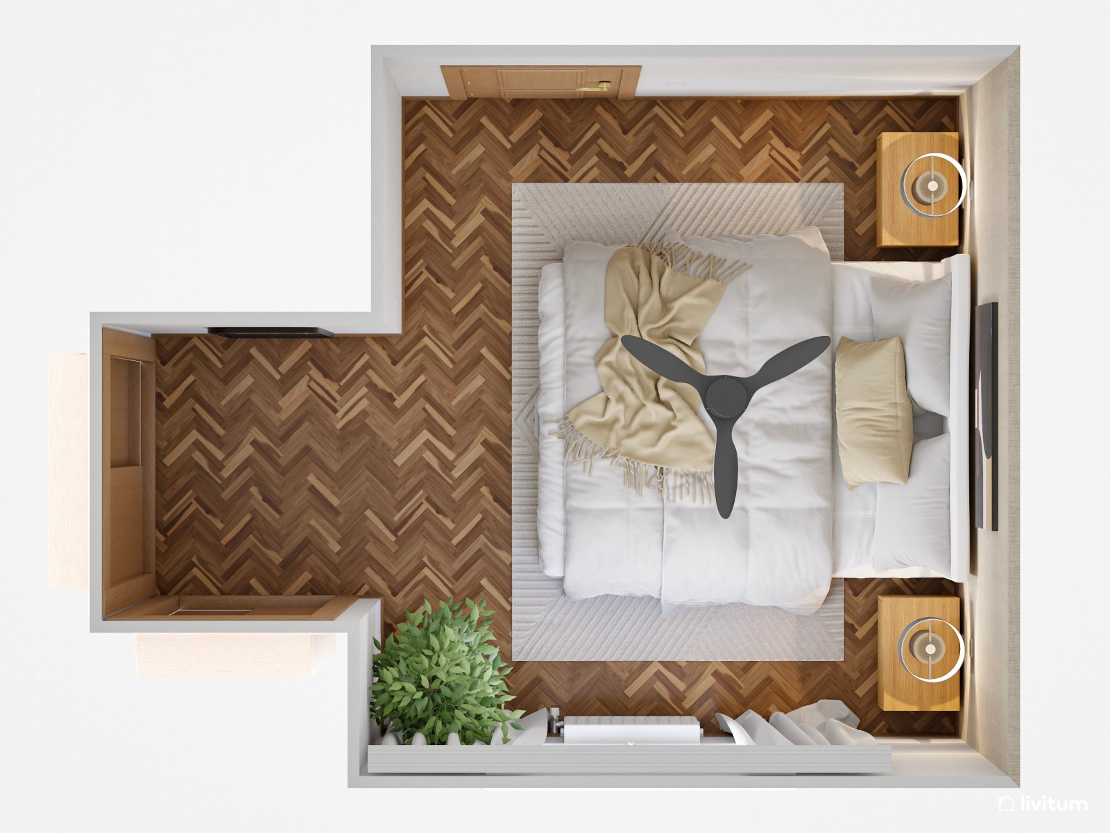 Elegante dormitorio con papel pintado en tonos tierra y negro