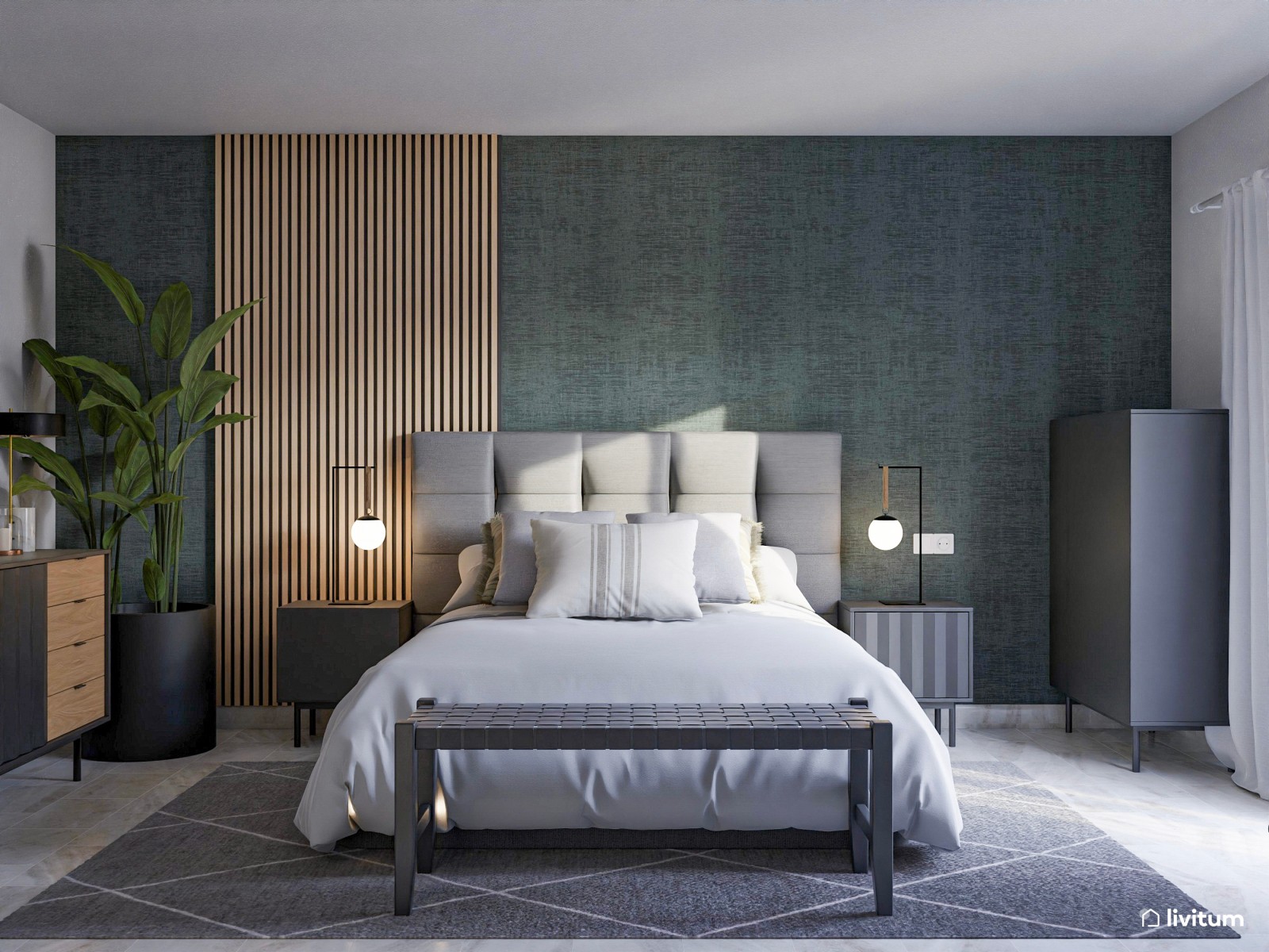 Elegante dormitorio con papel pintado y listones de madera