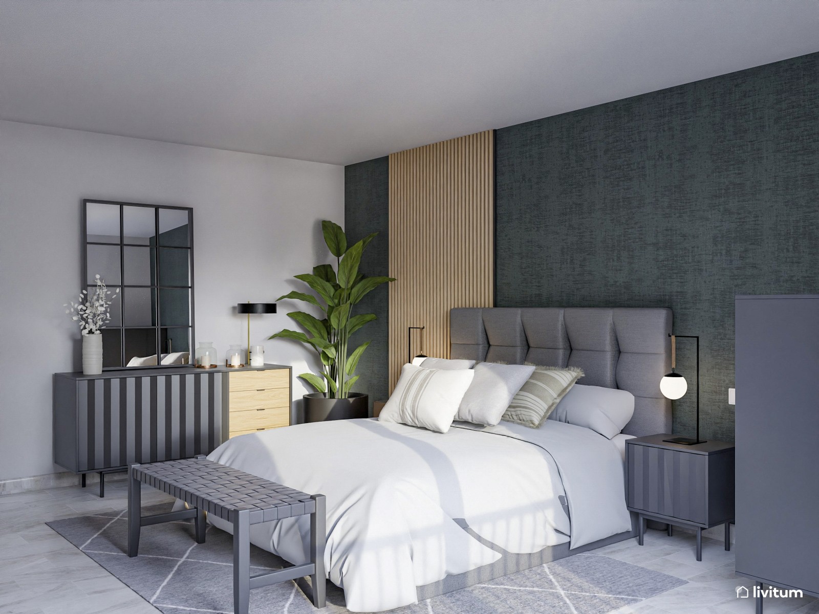 Elegante dormitorio con papel pintado y listones de madera