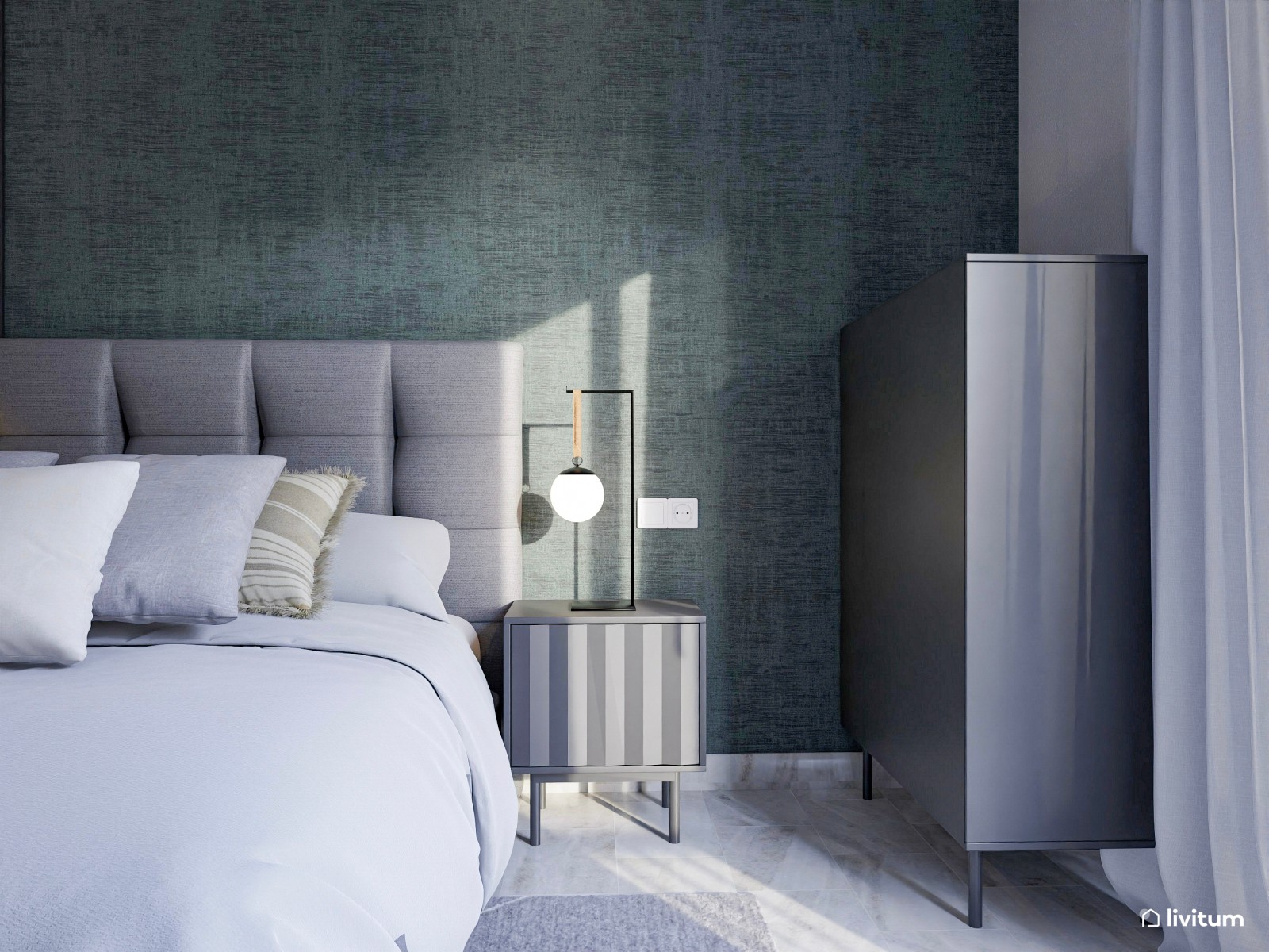 Elegante dormitorio con papel pintado y listones de madera