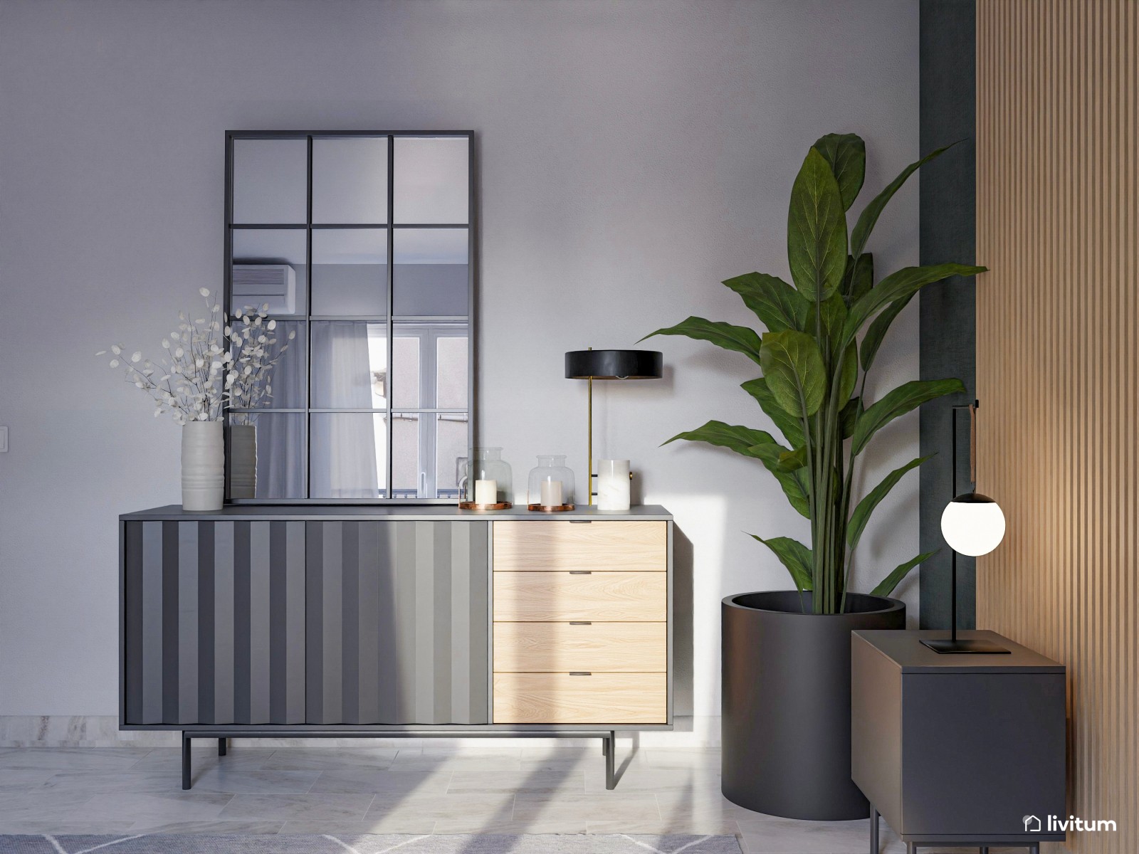 Elegante dormitorio con papel pintado y listones de madera