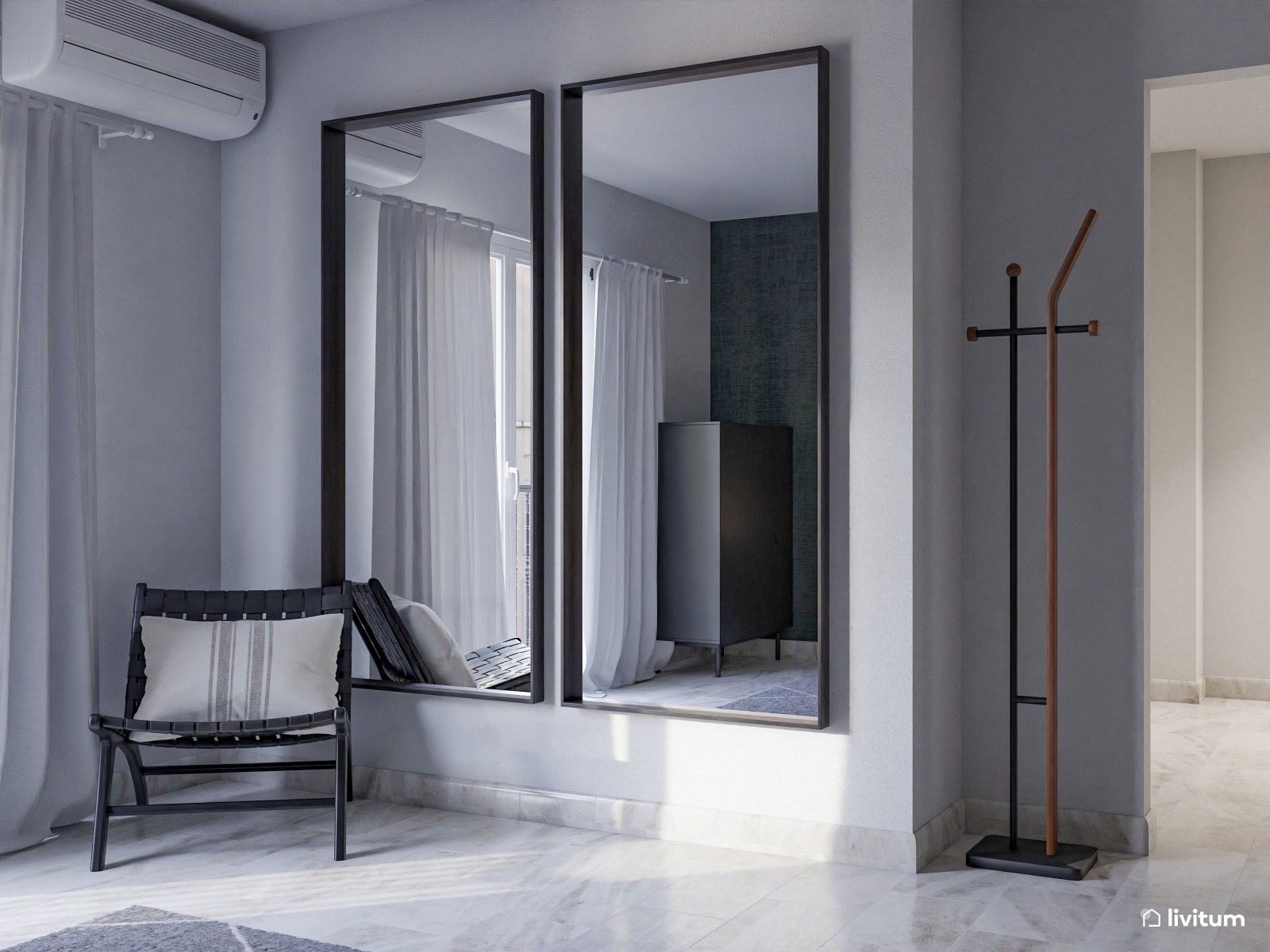 Elegante dormitorio con papel pintado y listones de madera