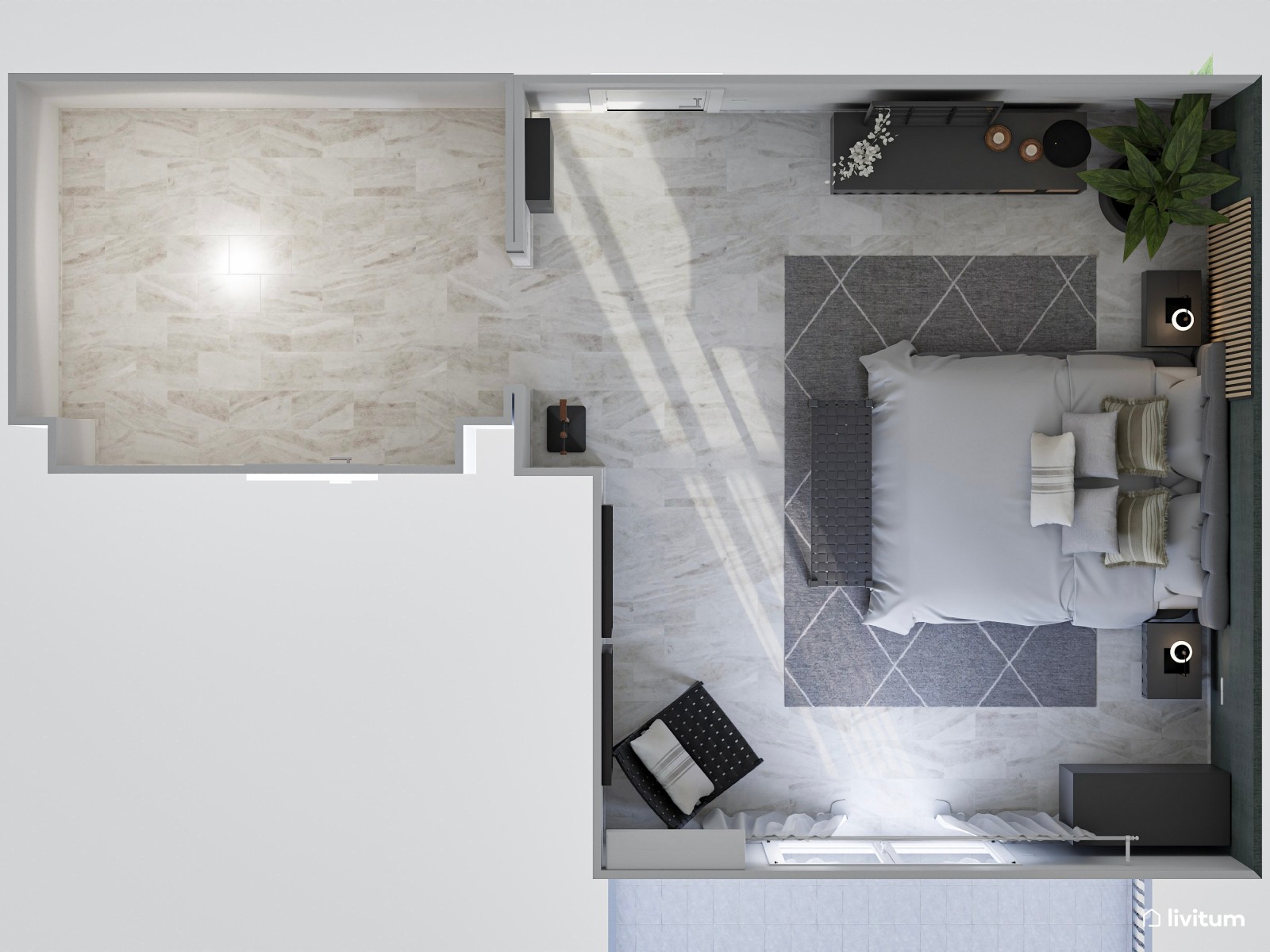 Elegante dormitorio con papel pintado y listones de madera