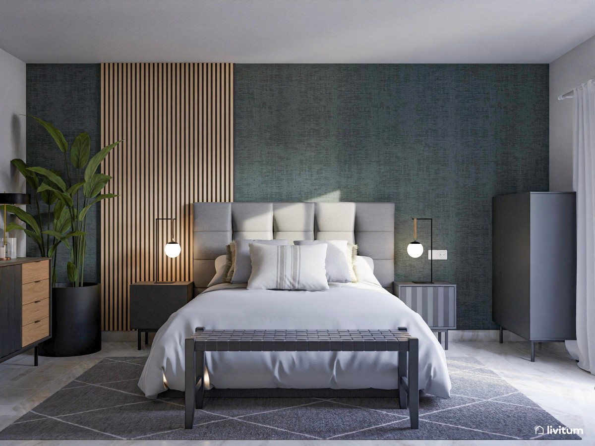 Elegante dormitorio con papel pintado y listones de madera