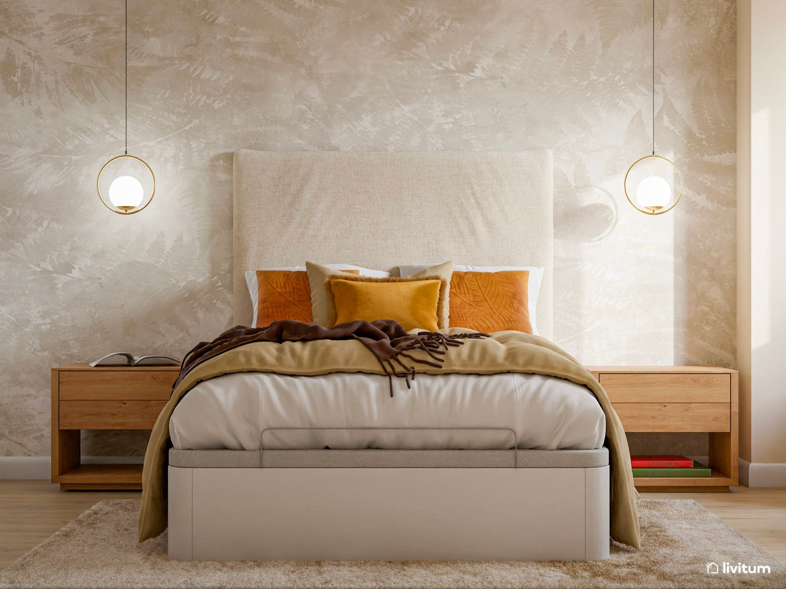 Elegante dormitorio con rincón de lectura en tonos tierra