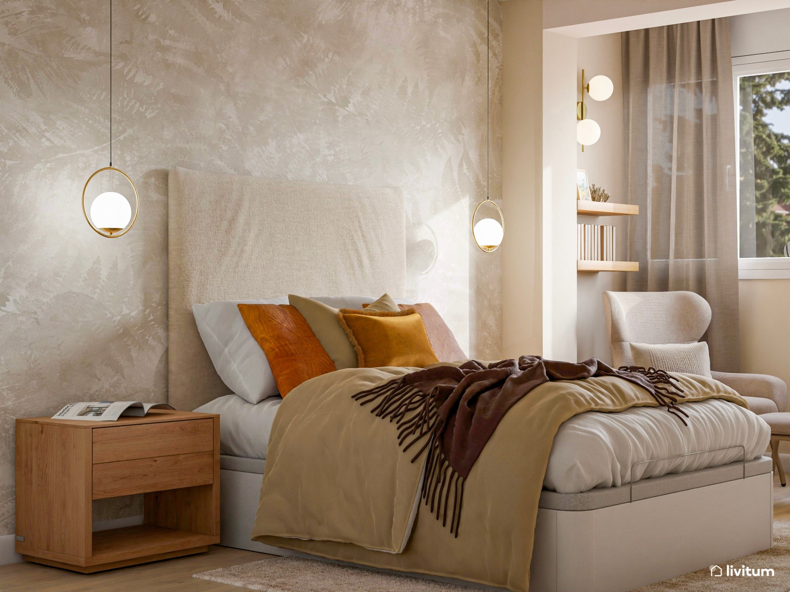 Elegante dormitorio con rincón de lectura en tonos tierra