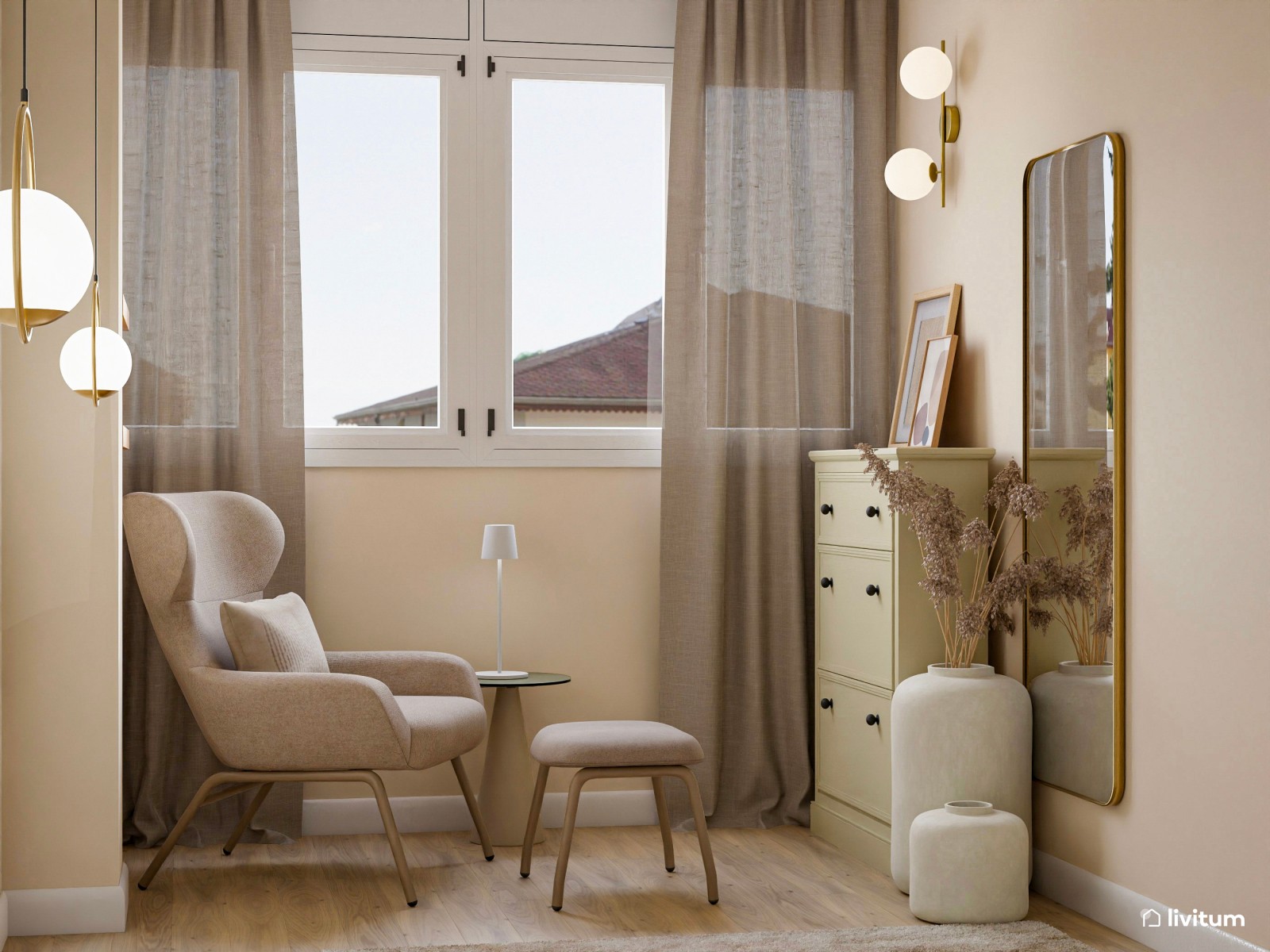 Elegante dormitorio con rincón de lectura en tonos tierra