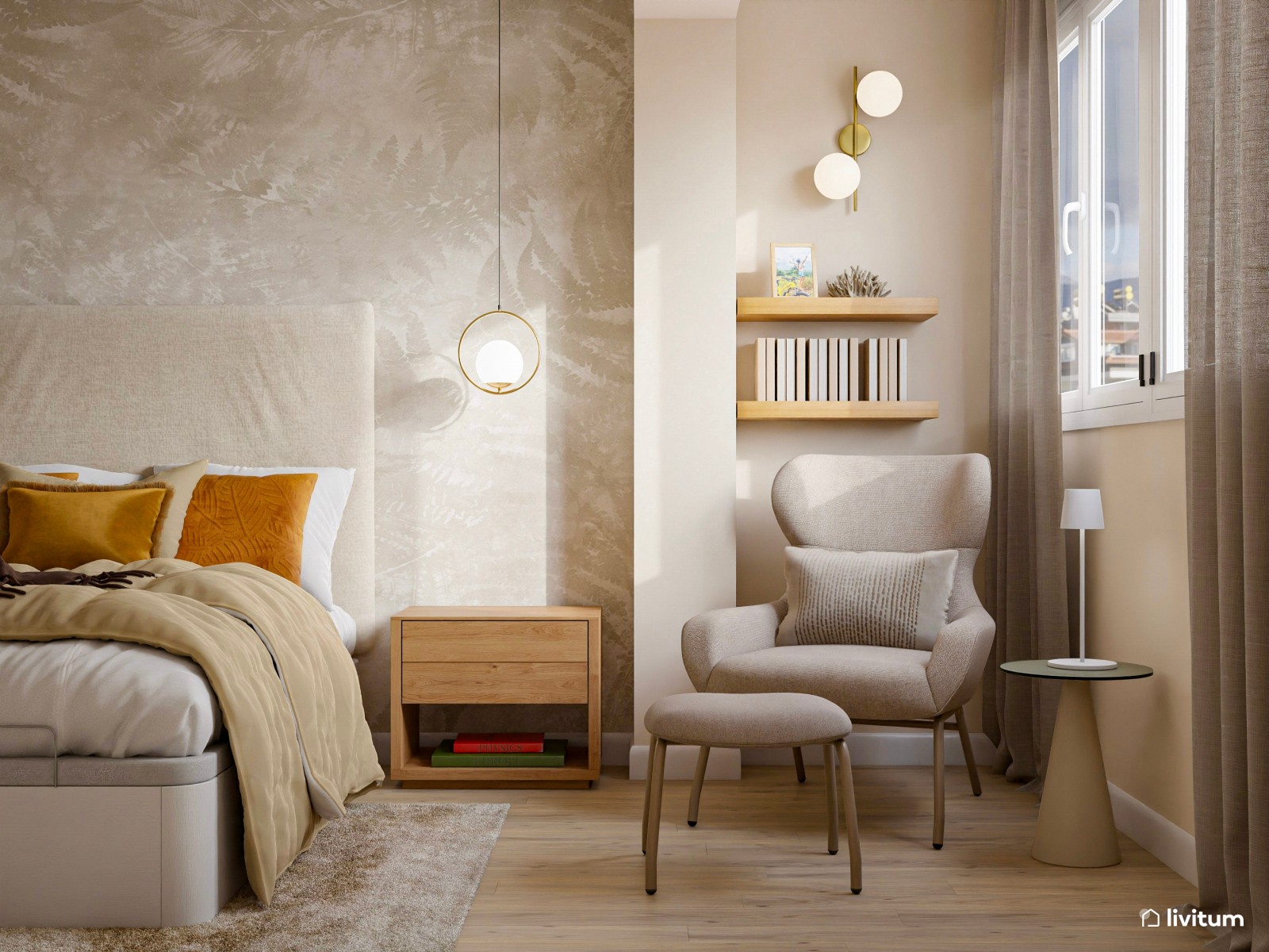 Elegante dormitorio con rincón de lectura en tonos tierra