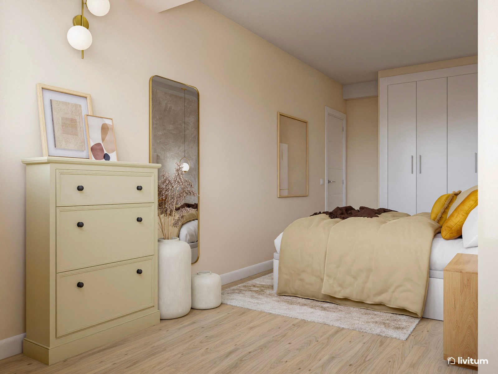 Elegante dormitorio con rincón de lectura en tonos tierra