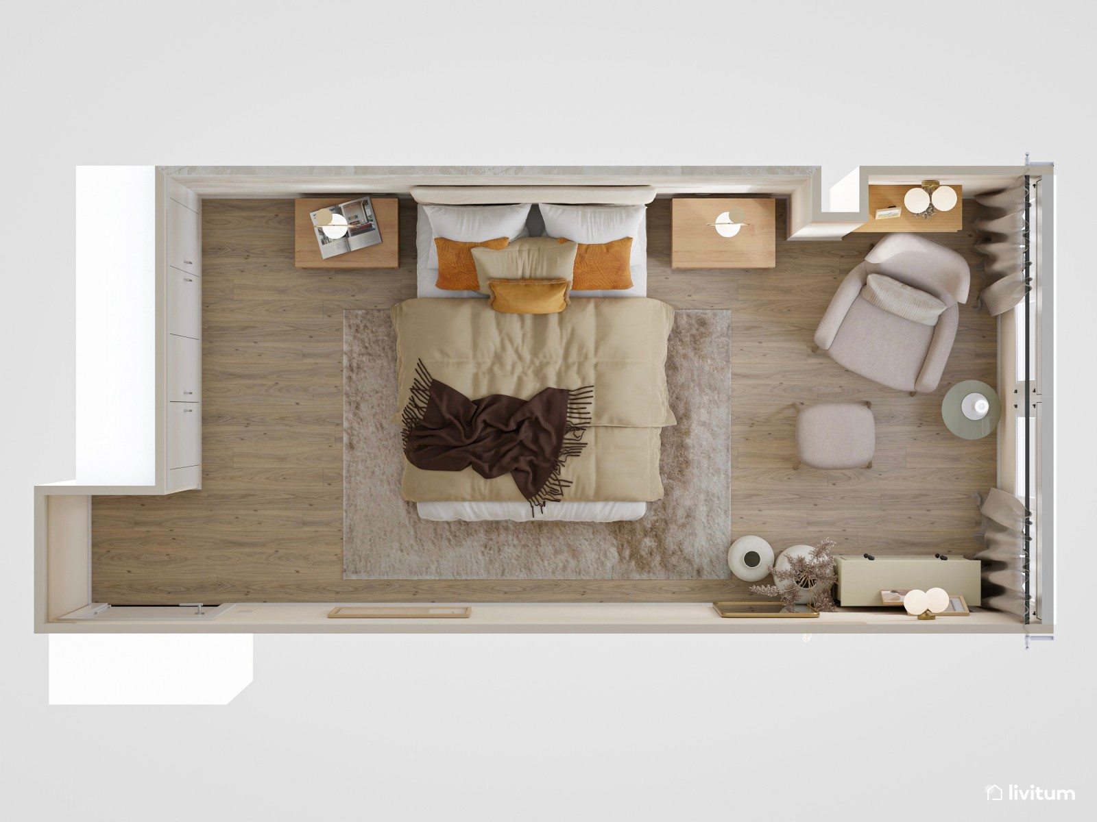 Elegante dormitorio con rincón de lectura en tonos tierra