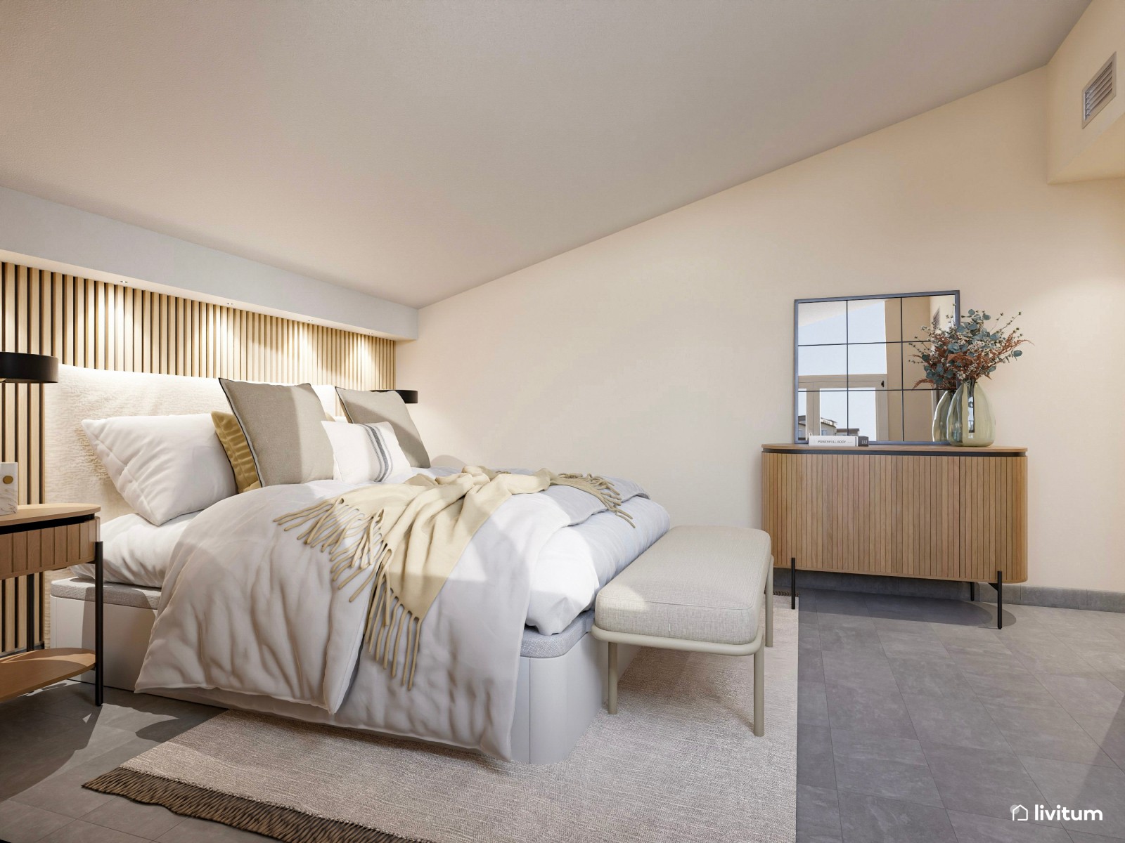 Elegante dormitorio con vestidor en estancia abuhardillada