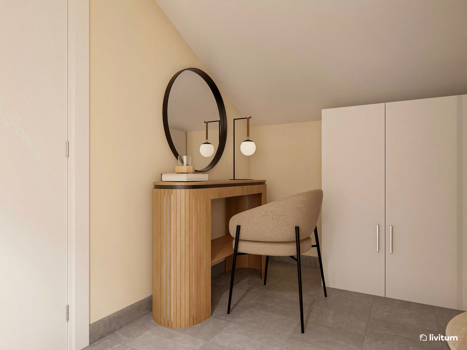 Elegante dormitorio con vestidor en estancia abuhardillada