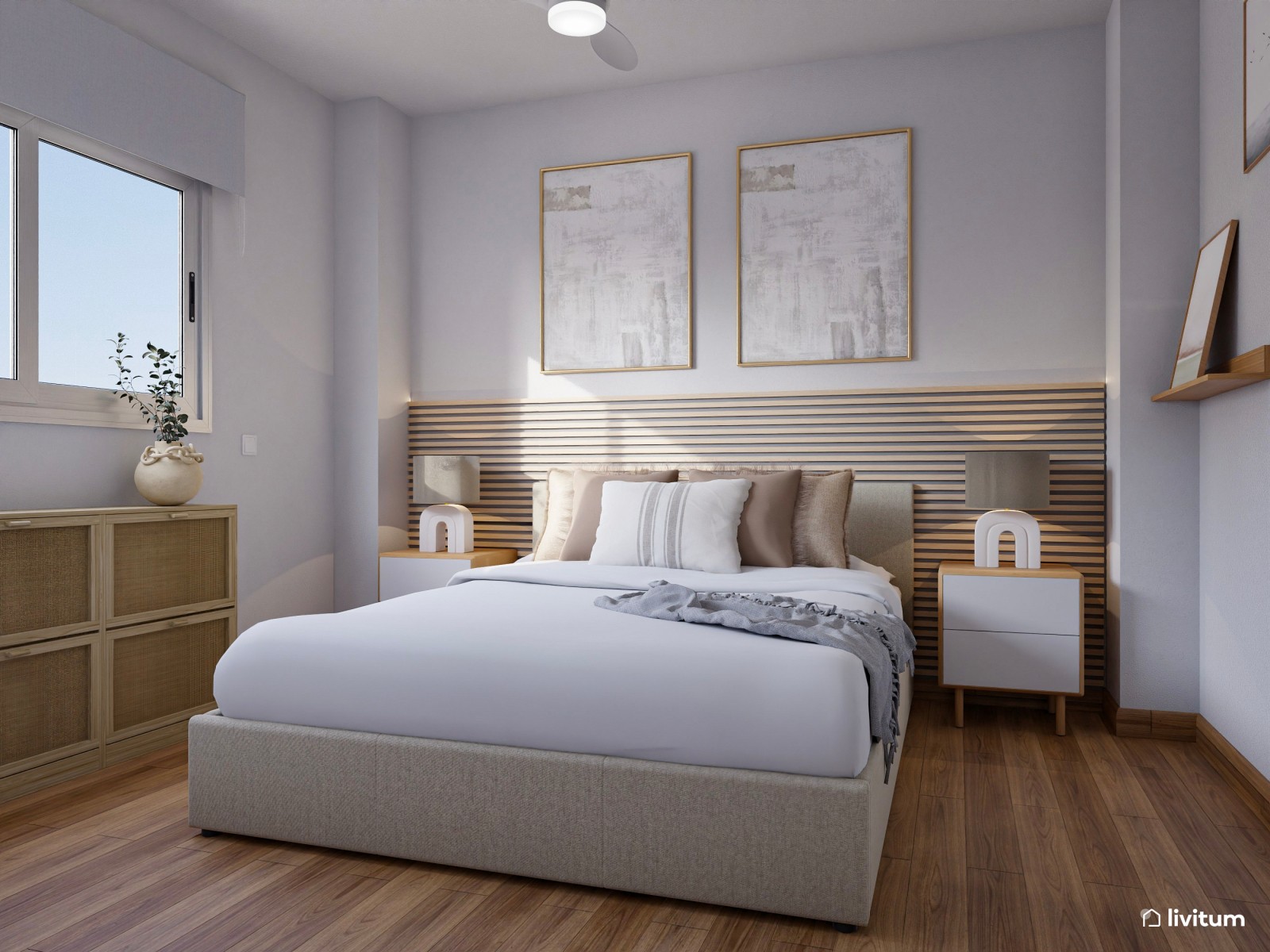 Elegante dormitorio de estilo nórdico con paneles de listones de madera