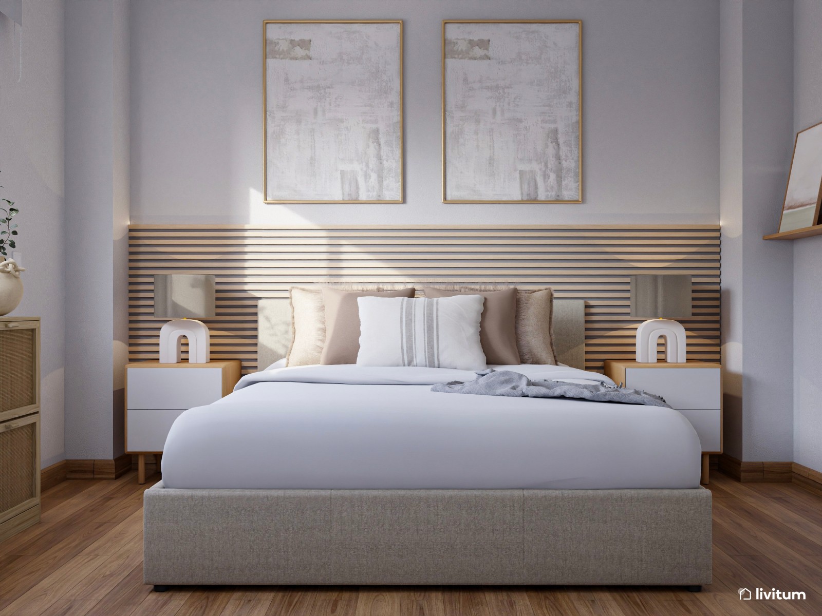 Elegante dormitorio de estilo nórdico con paneles de listones de madera
