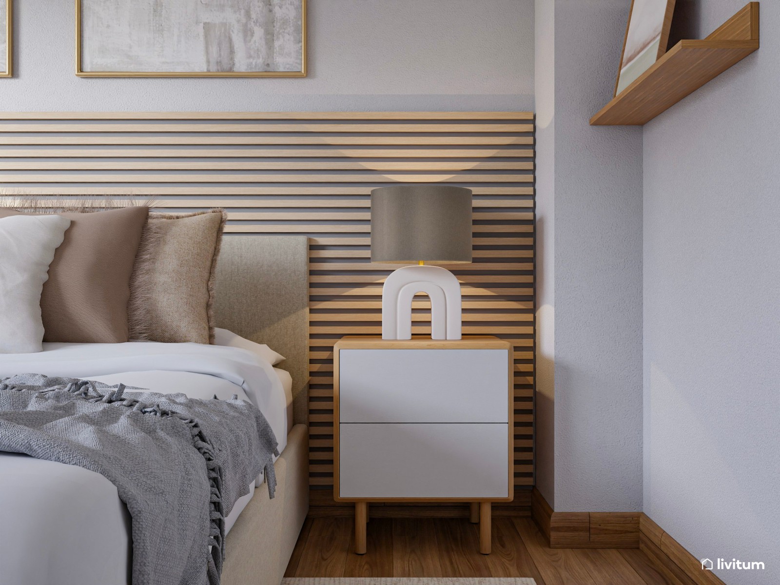 Elegante dormitorio de estilo nórdico con paneles de listones de madera