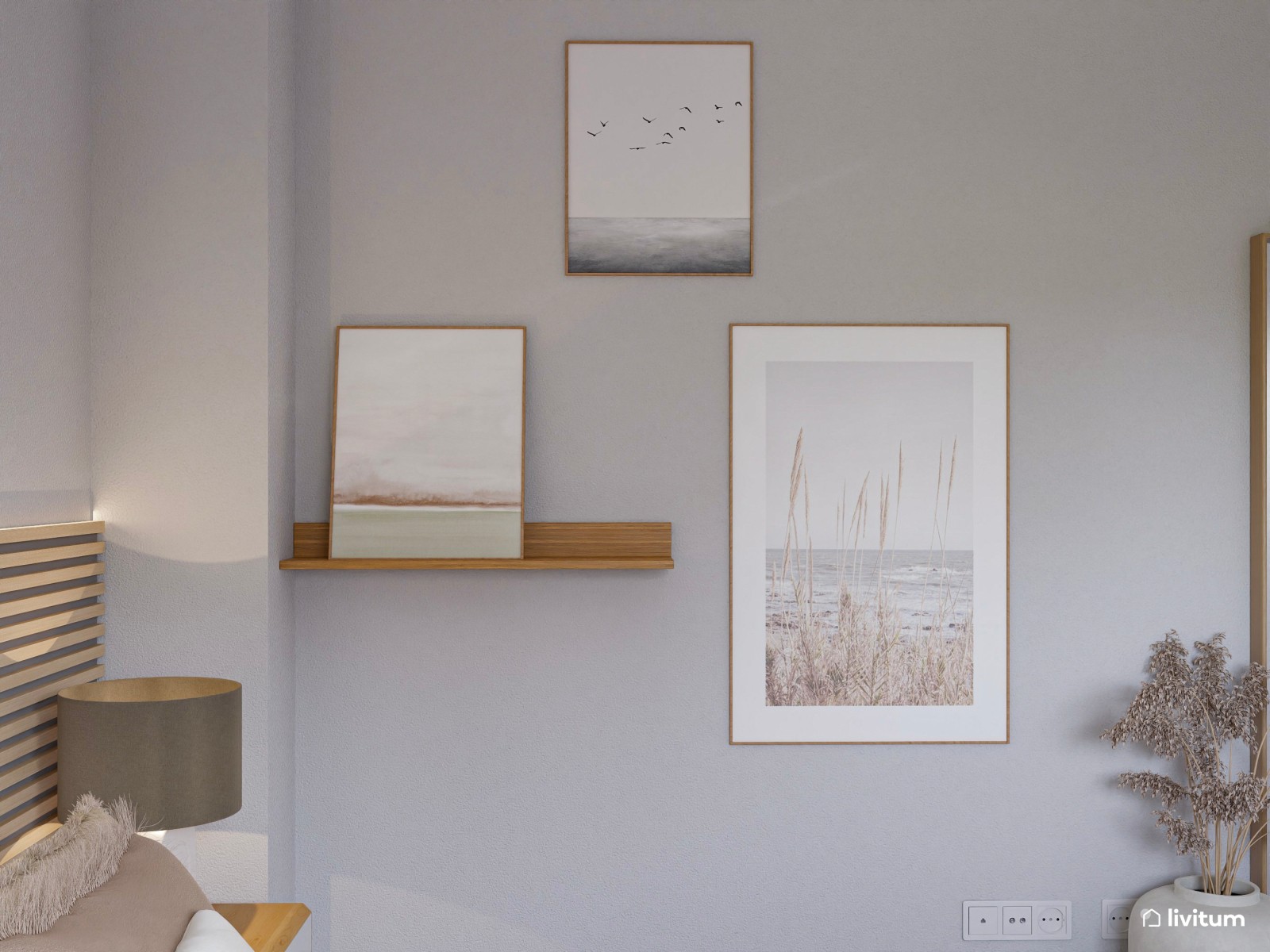 Elegante dormitorio de estilo nórdico con paneles de listones de madera