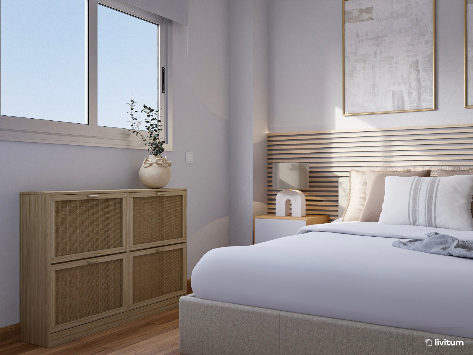 Elegante dormitorio de estilo nórdico con paneles de listones de madera