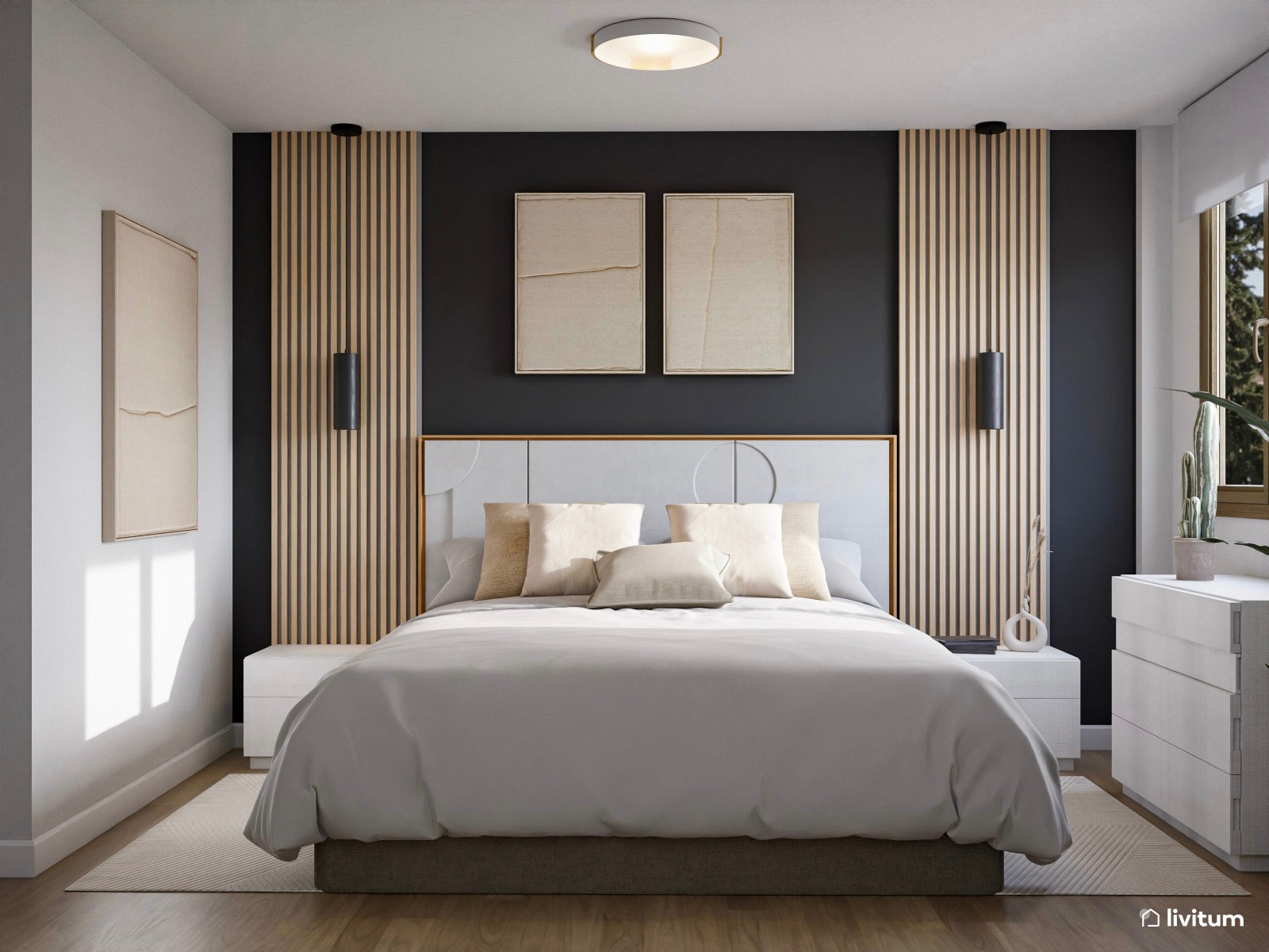 Elegante dormitorio de matrimonio con pared de acento en gris oscuro