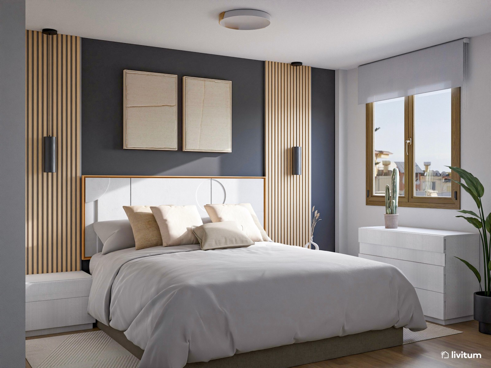Elegante dormitorio de matrimonio con pared de acento en gris oscuro