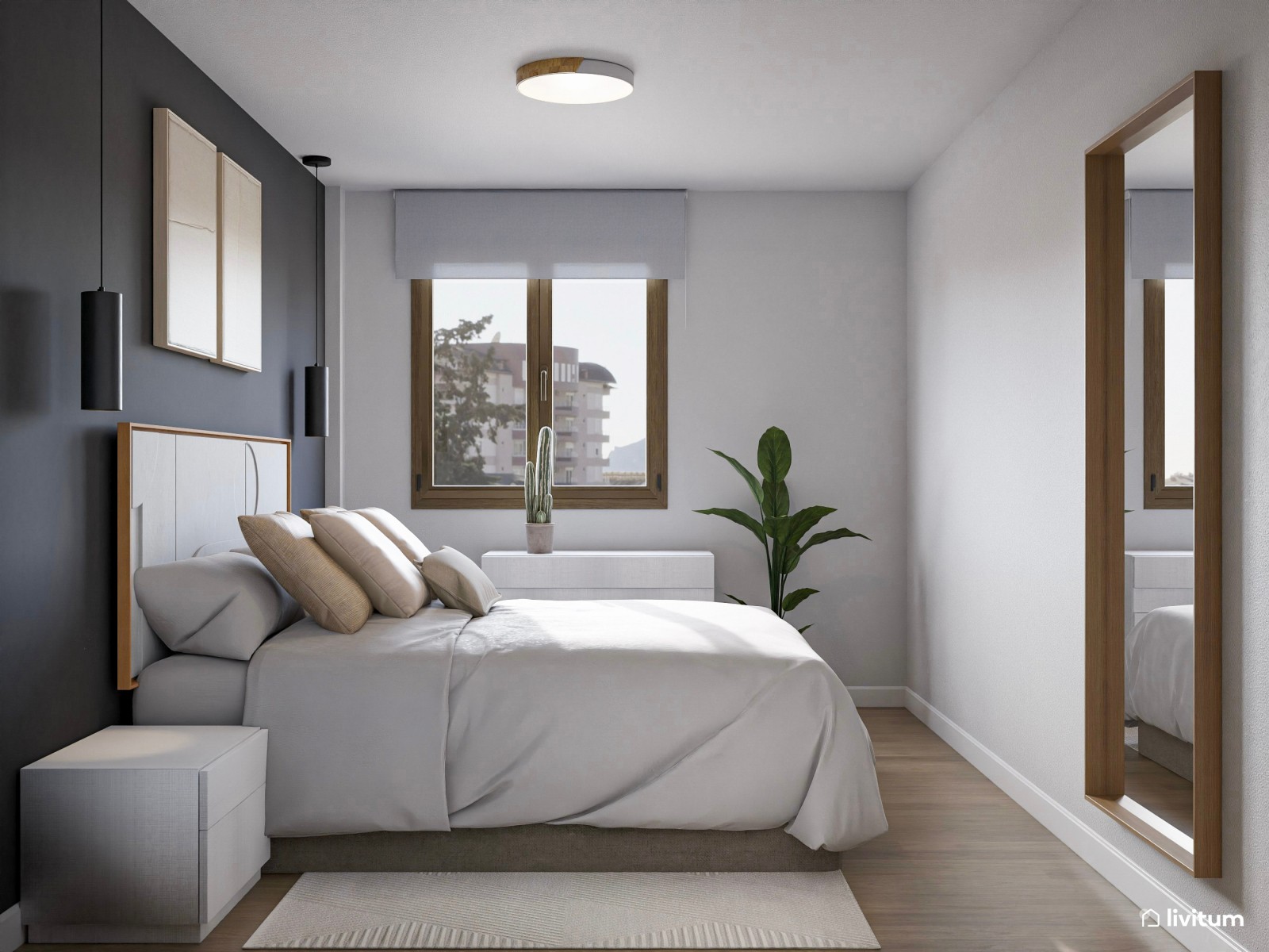 Elegante dormitorio de matrimonio con pared de acento en gris oscuro